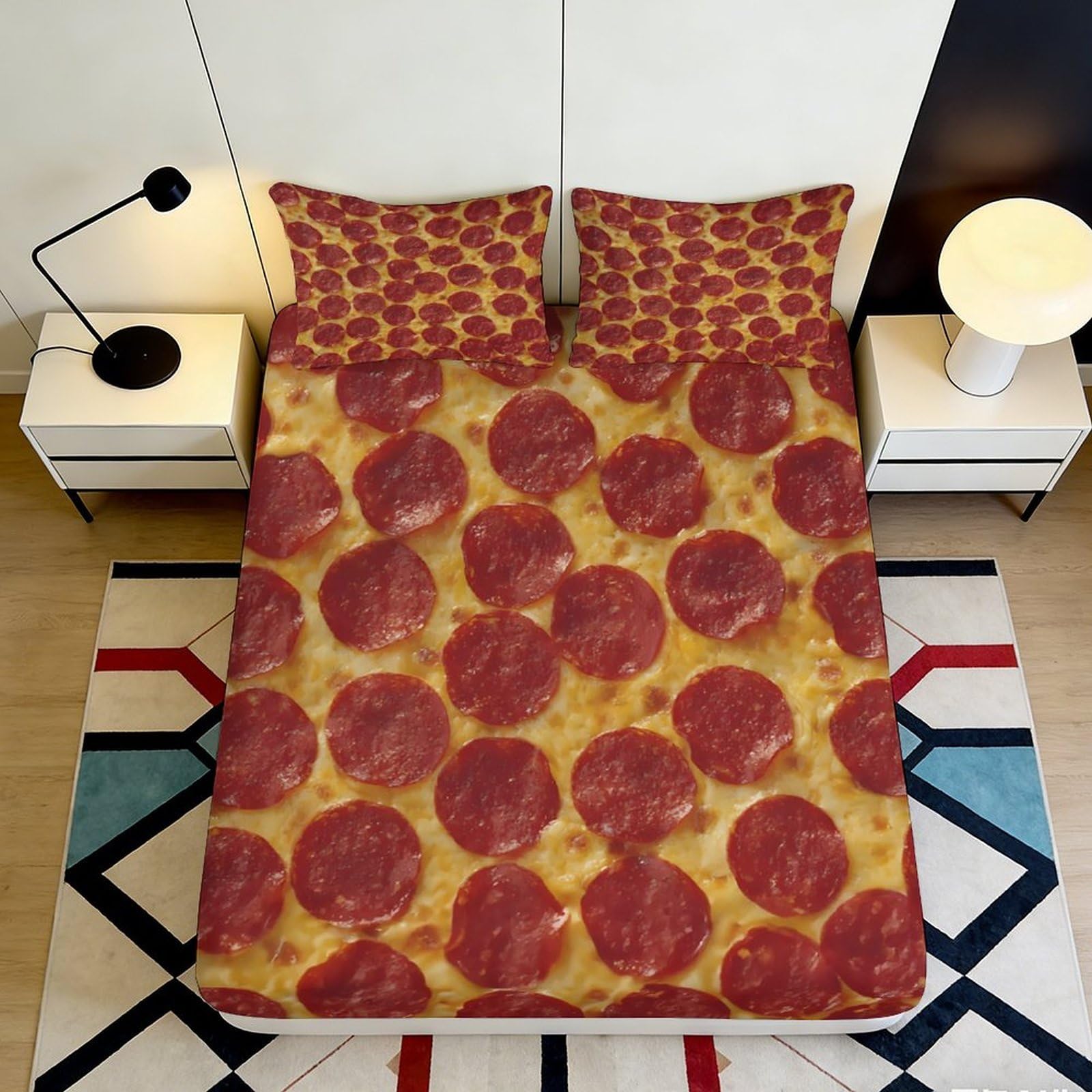 3D Printed Pepperoni Pizza Fitted Sheet Microfiber Soft Breathable Cheese Bed Cover for Bedroom Dorm Decor 90x200x25cm
