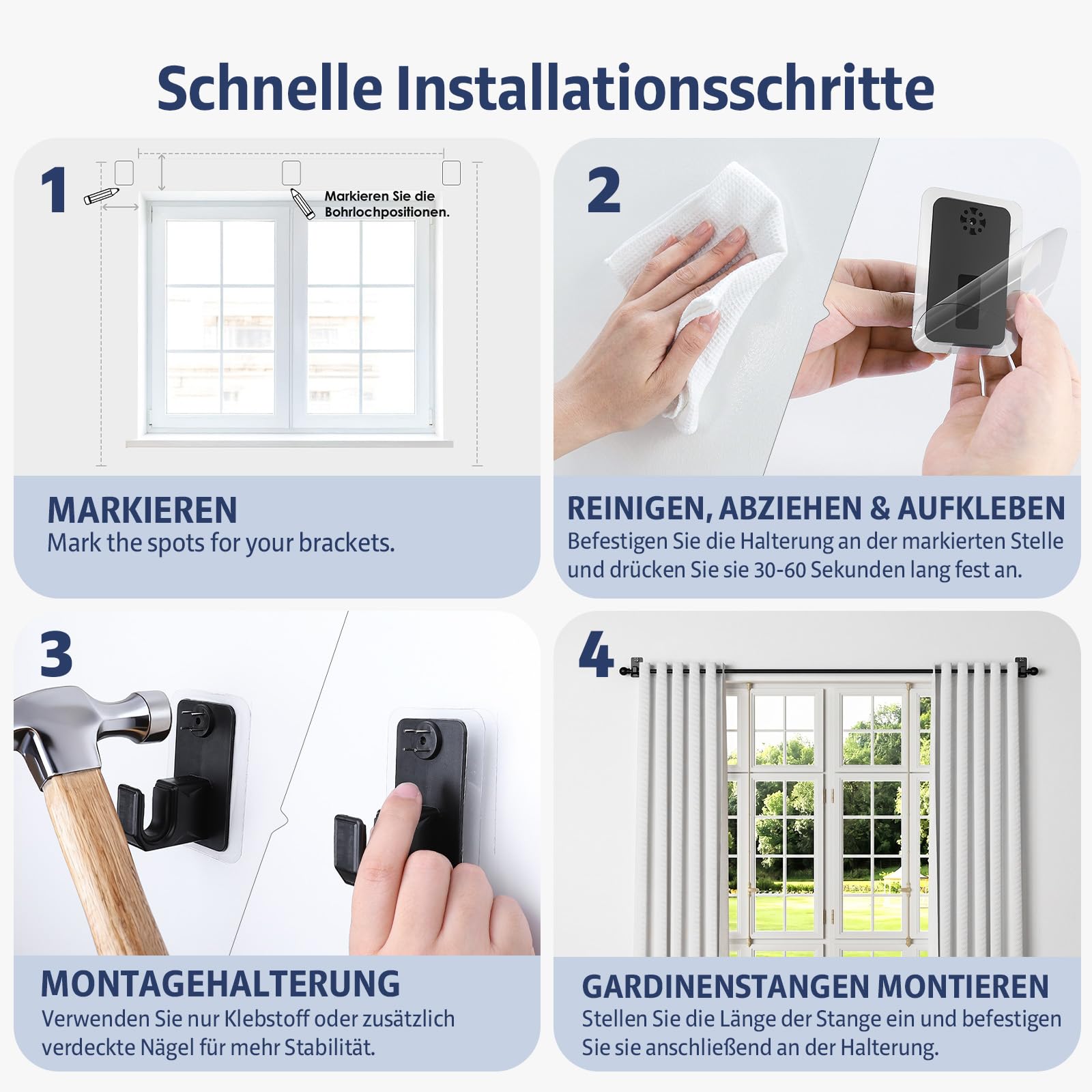 2.0 Pro Gardinenstange Ohne Bohren (with Klebeband und Verdeckte Nägel) 72-130 cm 16 mm Durchmesser Ausziehbare Vorhangstange Ohne Bohren Schwarze Geeignet für Leichte Gardinen Mieterfreundlich