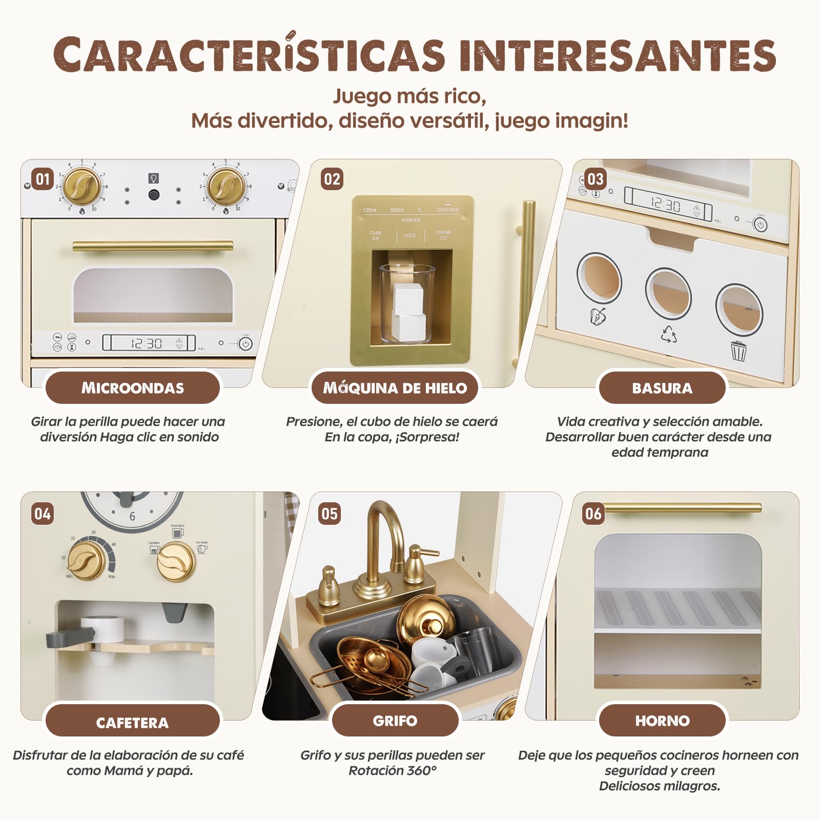 EDUBEBO Juego de Cocina para niños, Cocina de Madera Ajustable, Viene con Varios Accesorios de Cocina, Regalo Ideal para niños de 3 a 8 años (Blanco)