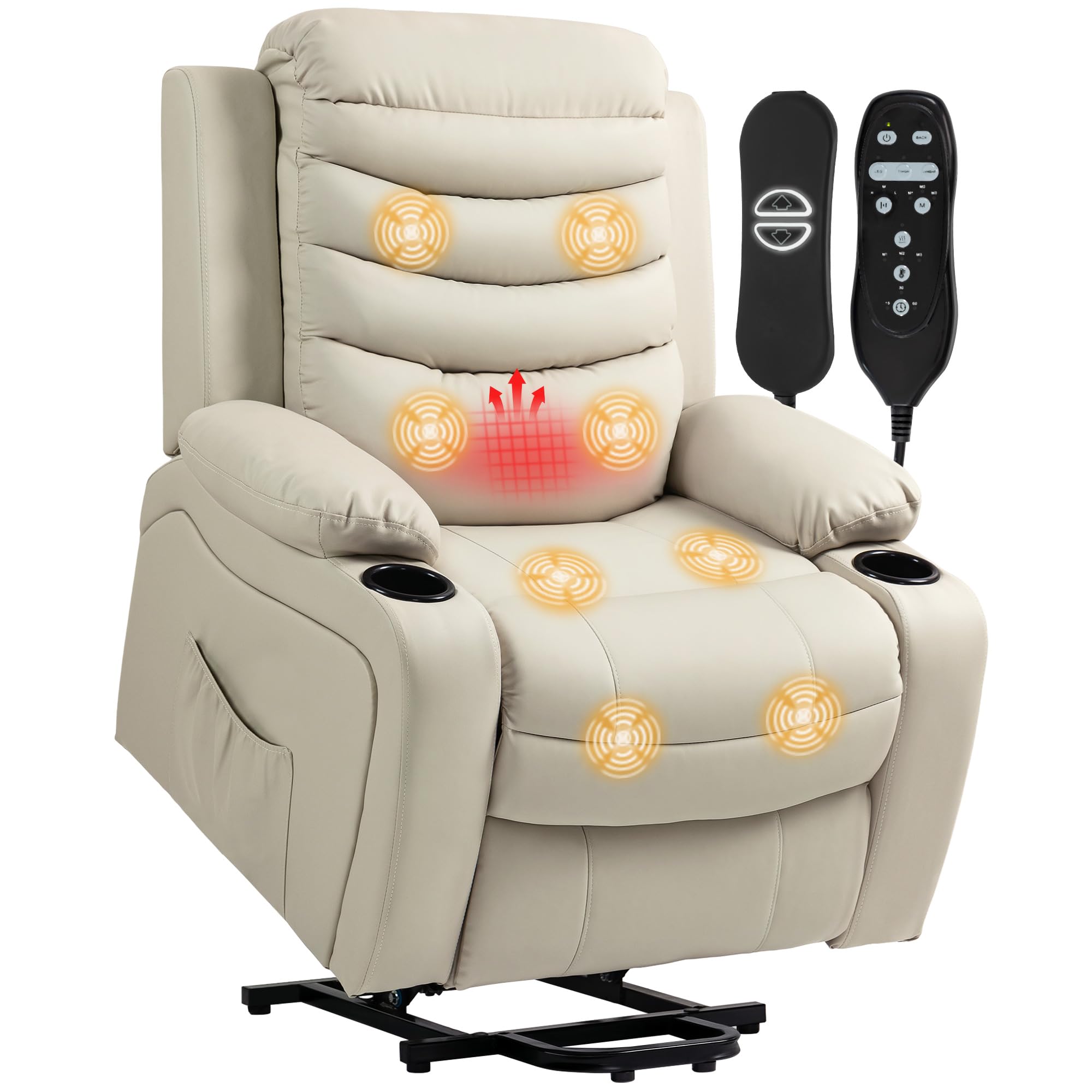 HOMCOM Sillón Relax Reclinable Eléctrico Levanta Personas, con Masaje Vibratorio y Calor, Sillón Elevador, con Puerto USB, Control Remoto, Reposapiés, Tapizado en PU, Bolsillos, Portavasos, Crema