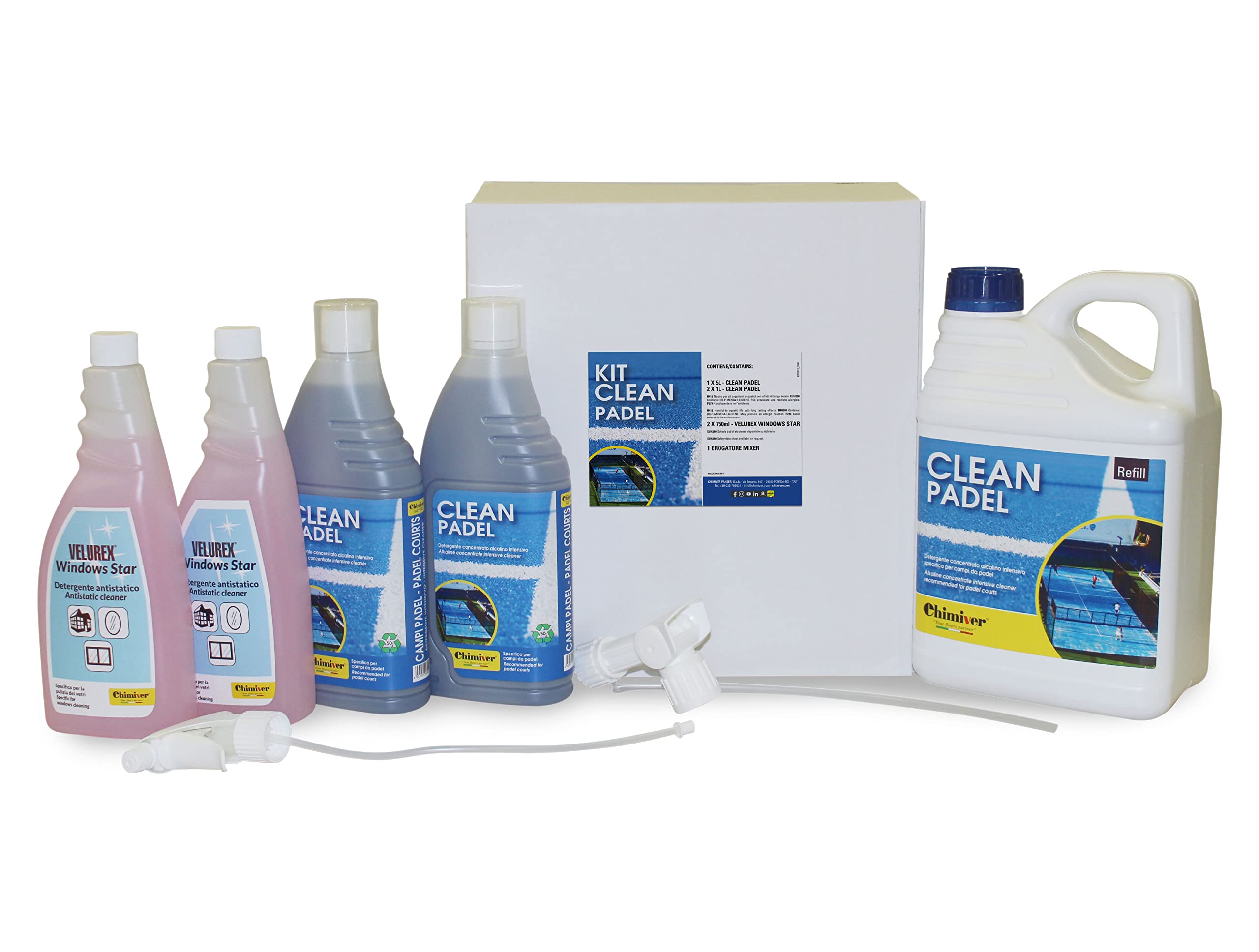 Chimiver Kit Clean Padel Set detergenza campi da Padel Windows Star detergente antistatico vetri 7L + 2x750ml