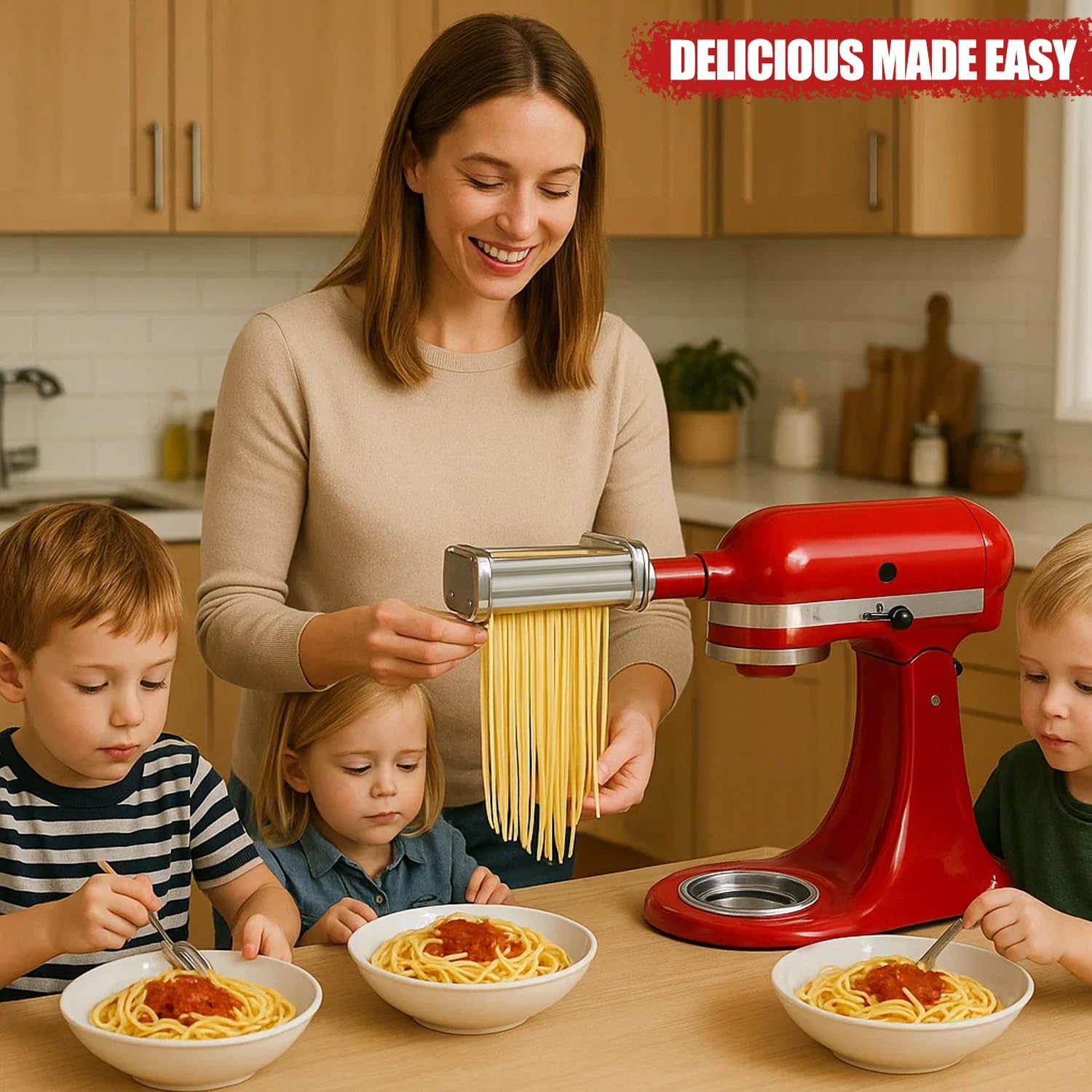 Pasta Maker Attachments Set for all KitchenAid Stand Mixer Included Pasta Sheet Roller （SU304）,8 Adjustable Thickness Settings Perfect for Spaghetti, Fettuccini, Lasagna or Dumpling Skin Silver