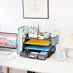 Organisateur de bureau avec support de fichier, 4-Tier Organisateur de bac à papier lettre avec tiroir & 2 Supports de stylo, Organisateurs de bureau et accessoires, Organiseur de fichiers de bureau Mesh et stockage pour les fournitures de bureau