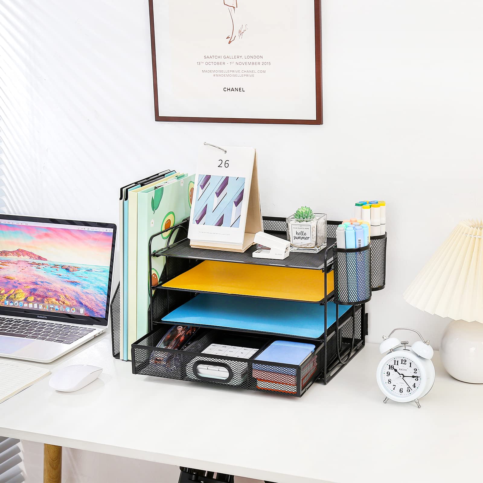 Schreibtisch Organizer mit Aktenhalter, 4 Ebenen Papier Briefablage mit Schublade und 2 Stifthalter, Netz Schreibtisch Ablagefächer Organiser mit Zeitschriftenhalter für Bürobedarf Dokumentenablage
