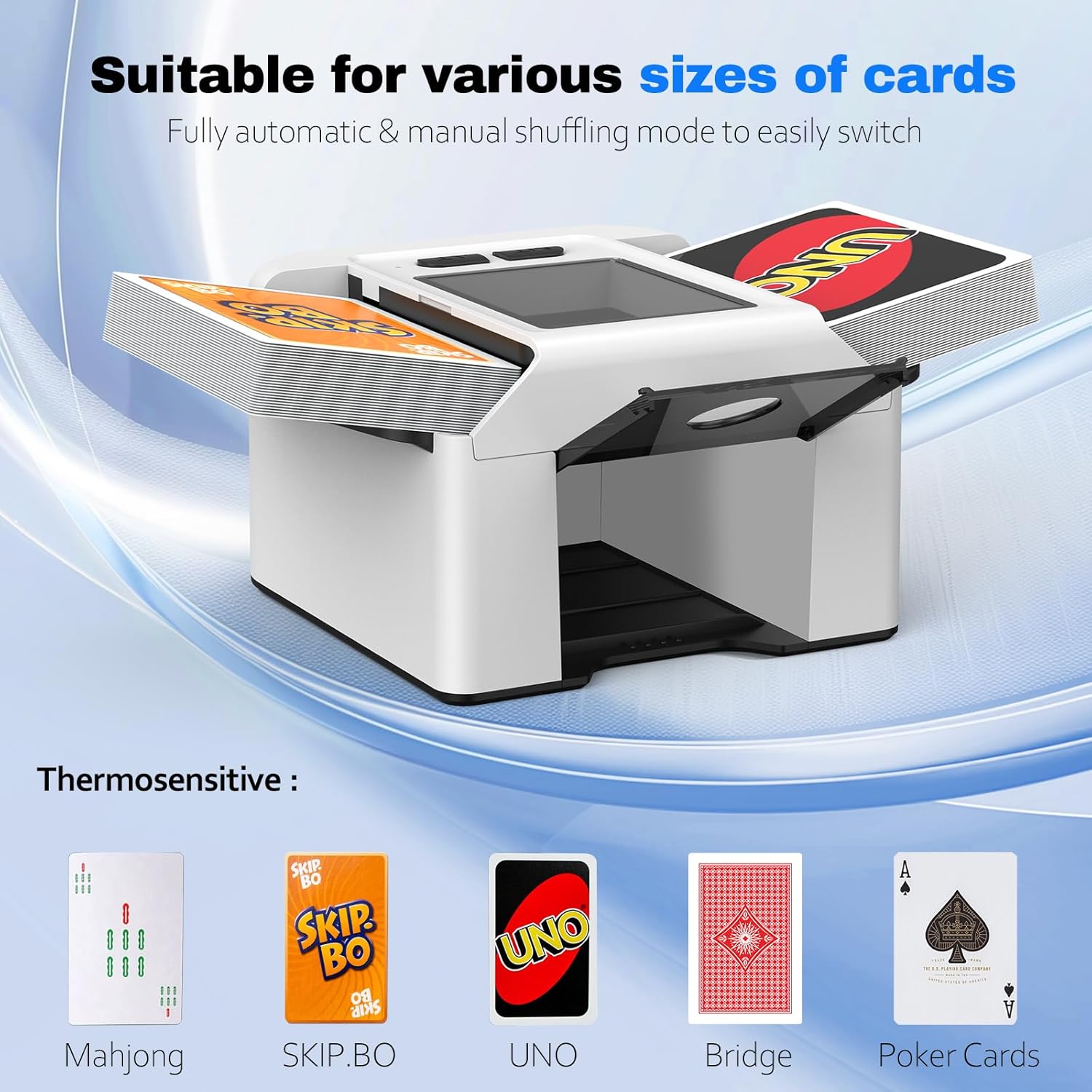 Automatic Card Shuffler for 2 Decks, Card Shuffler Machine with Dual Modes, Card Shuffler 1 Deck with 2000mAh Battery, MahJong Shuffler cards for UNO, Skip-Bo, Poker, Texas Hold’em,Party & Travel
