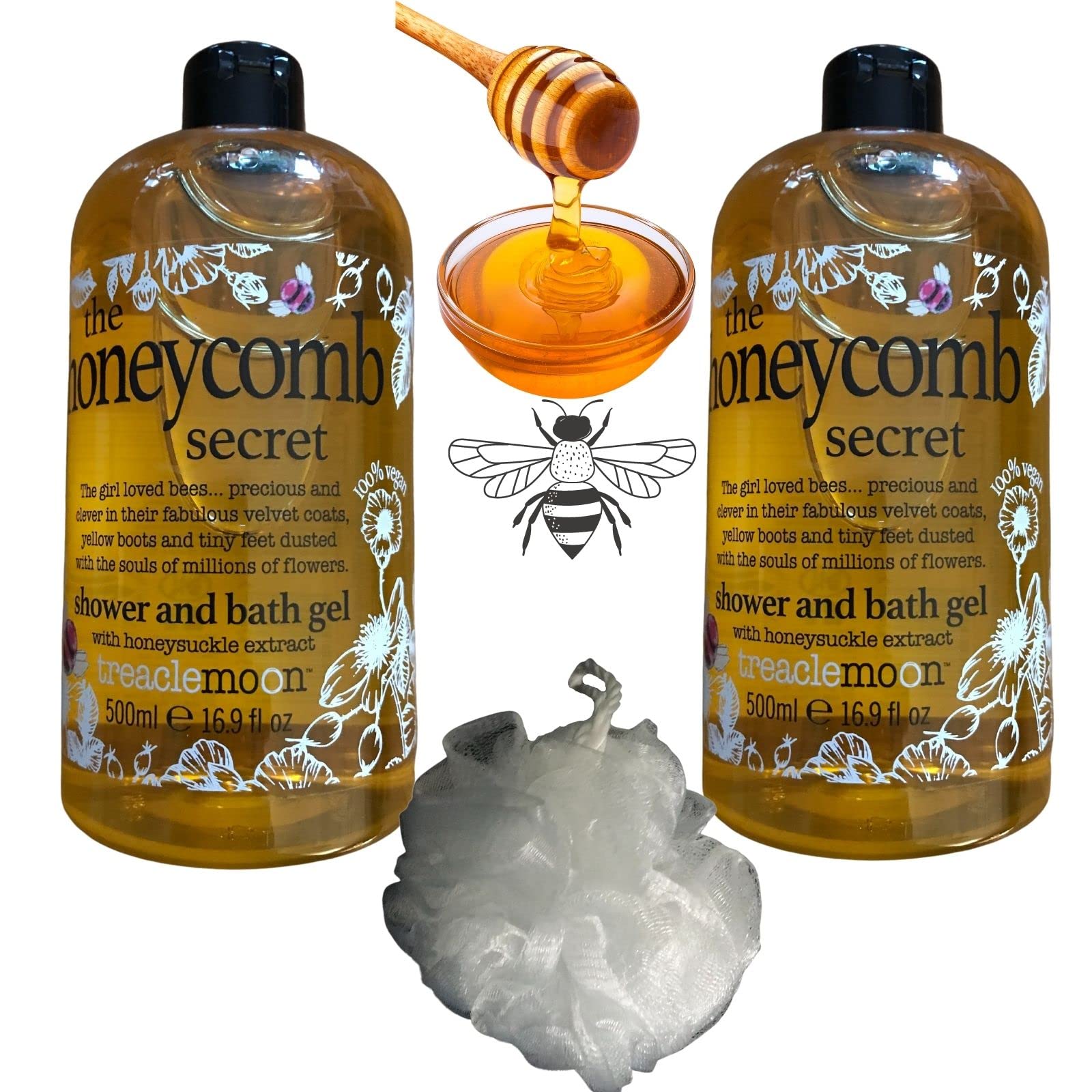 Bundle of 2 Treaclemoon Honeycomb Shower and Bath Gels (500 ml each) with a Body Puff