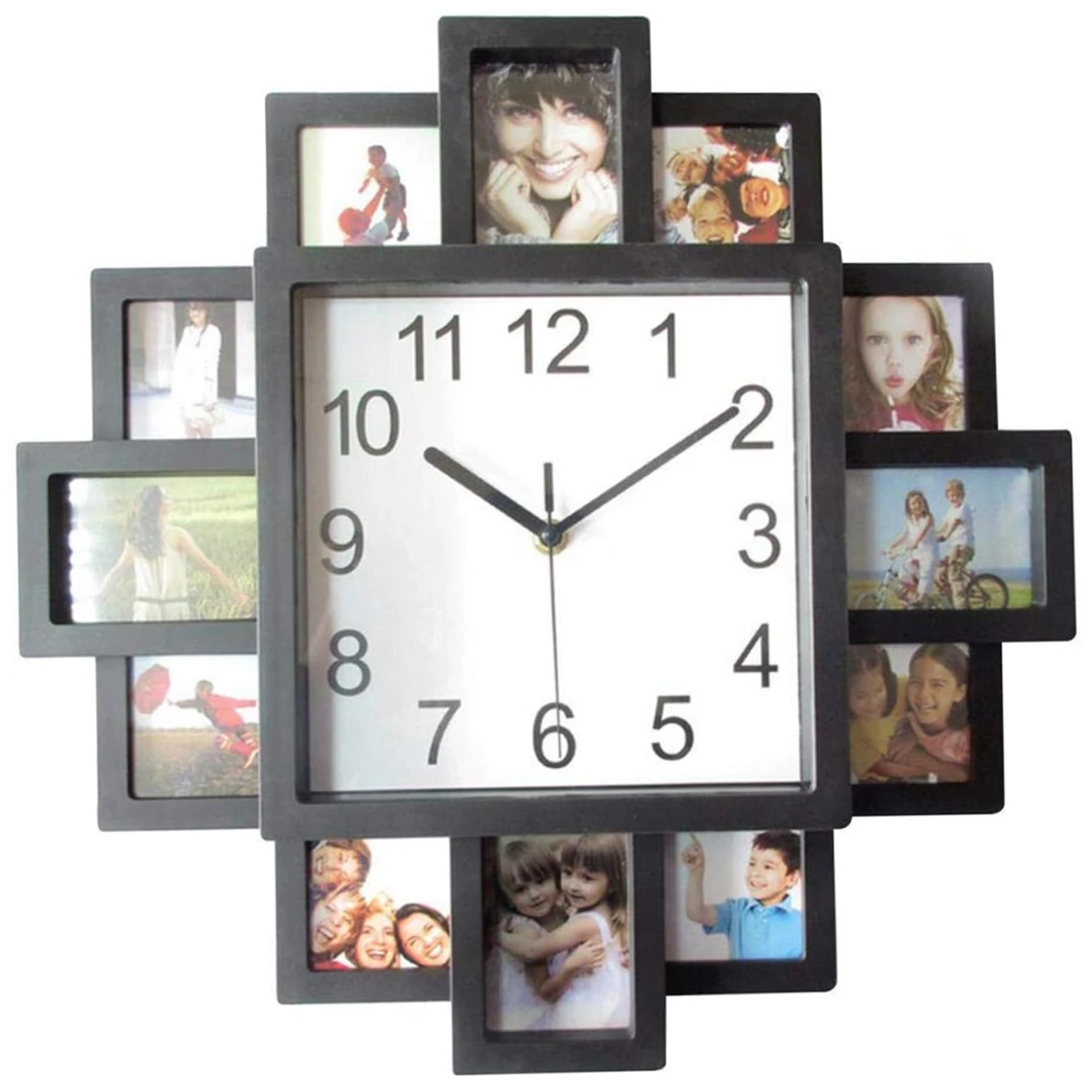 Horloge photo pour 12 photos 15x15 cm en ABS noir et silencieuse pour salon