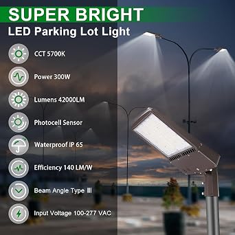 OSTEK LED Parking Lot Lights 300W/240W/200W Selectable Outdoor Commercial LED Shoebox Area Lighting Fixture 42000LM - Waterproof IP65 5700K, LED Shoebox Street Pole Light 100-277V