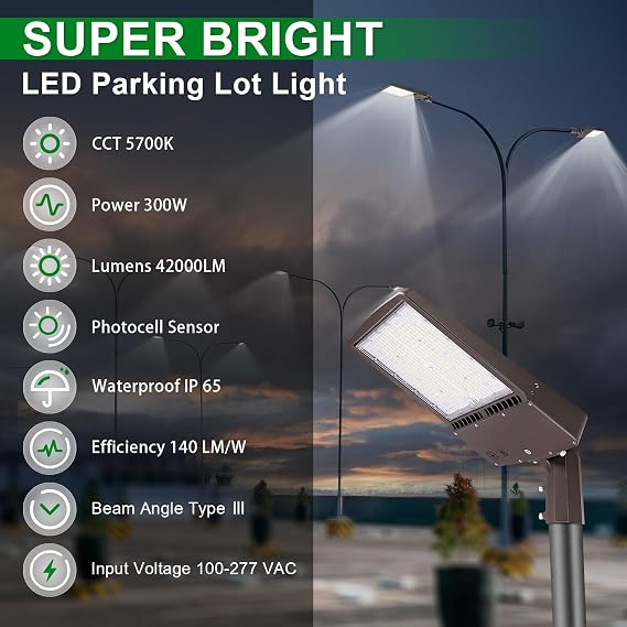 OSTEK LED Parking Lot Lights 300W/240W/200W Selectable Outdoor Commercial LED Shoebox Area Lighting Fixture 42000LM - Waterproof IP65 5700K, LED Shoebox Street Pole Light 100-277V