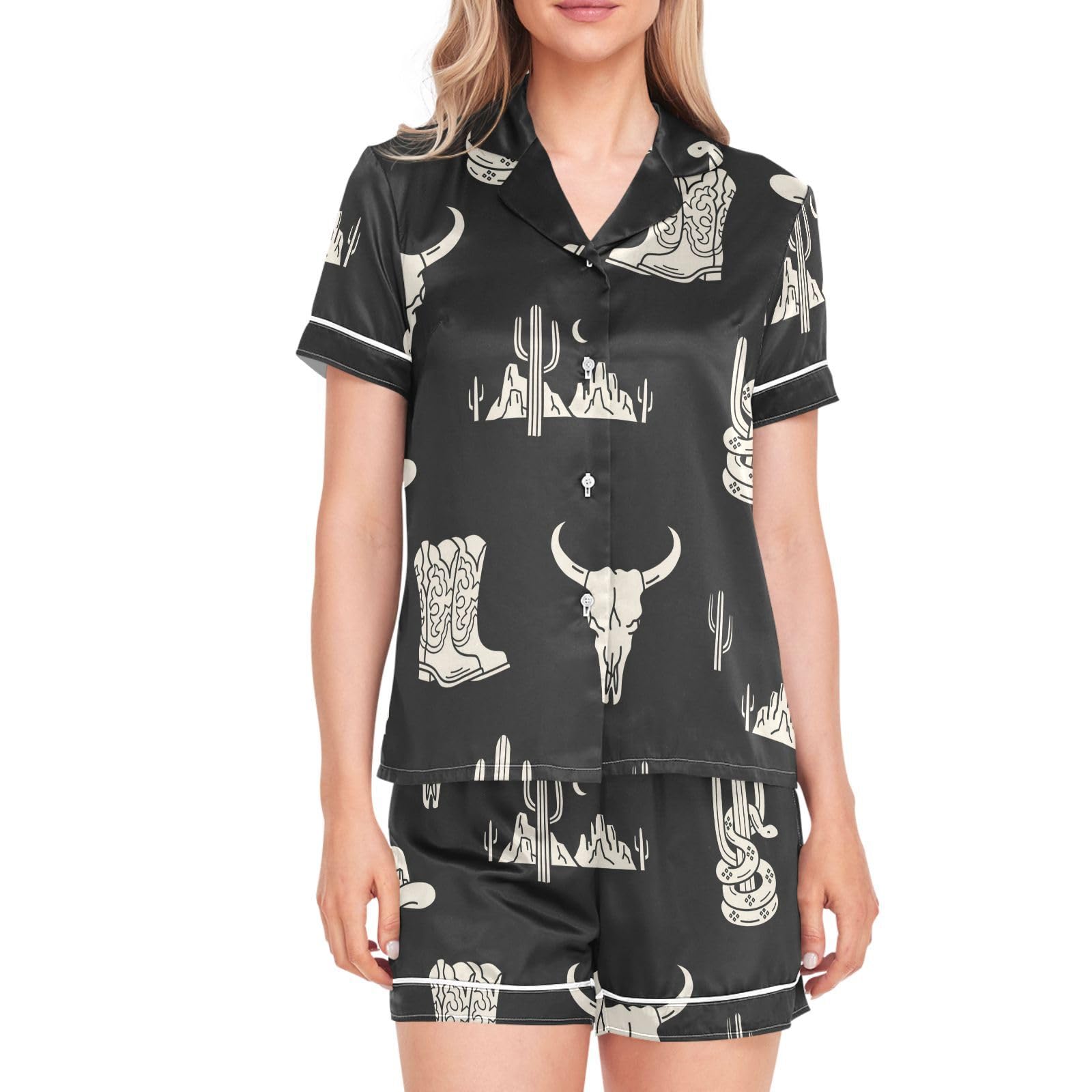 JULYTO Womens Silk Satin Pajamas Set Western Theme Womens Short Sleeve Shorts Set 2 Piece Sleepwear Lounge Set S-XXL