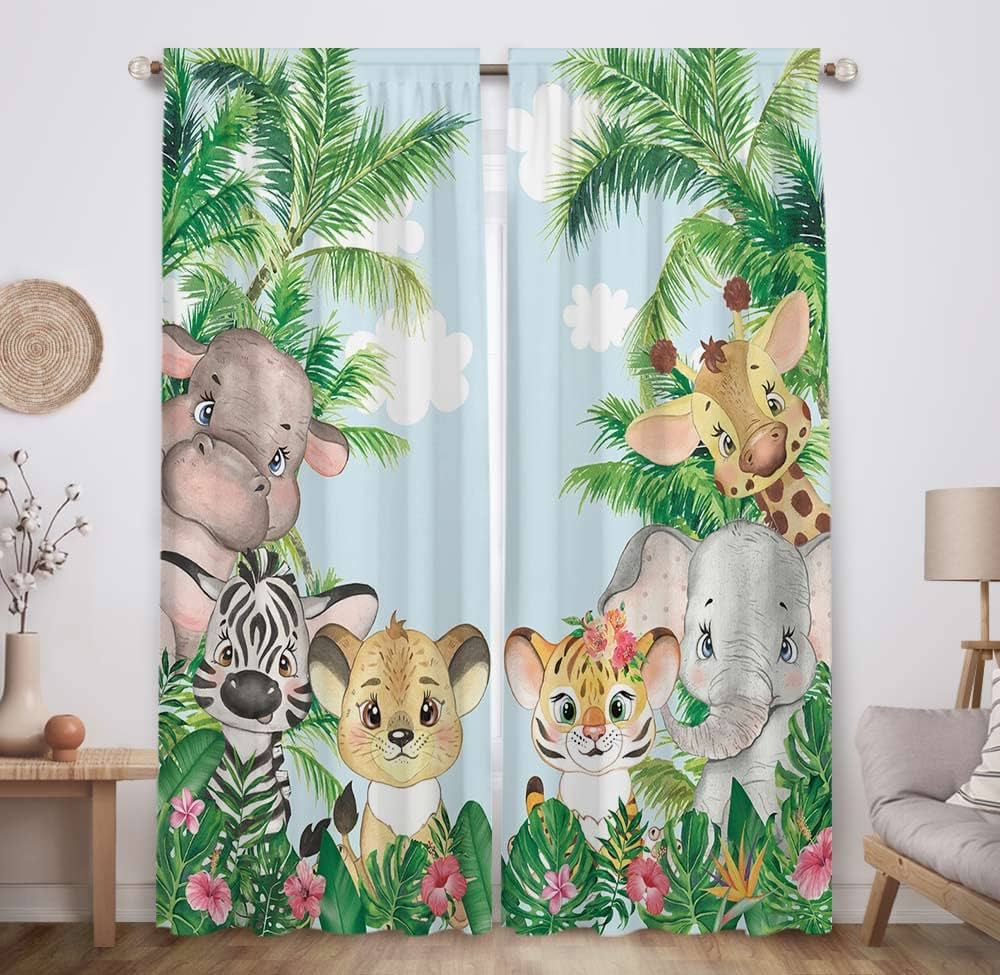 Safari Animals Nursery Navy Blue Elephant Baby Boy Window Curtains