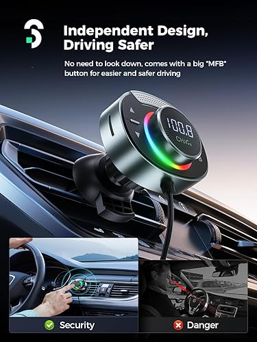 Miniatura 8 de Transmisor FM Bluetooth para automóvil – SOOMFON Transmisor FM Bluetooth 5.3 Adaptador de coche con micrófono grande, sonido estéreo de alta