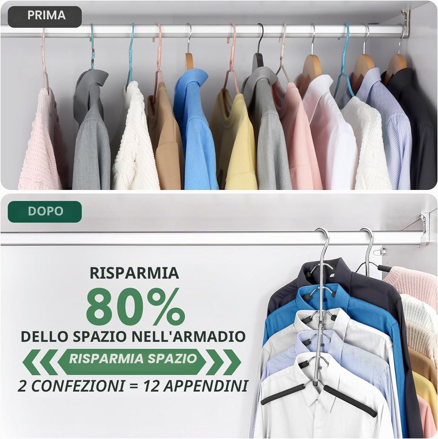 ZriEy Gruccia salvaspazio a 6 livelli, pieghevole, antiscivolo, con imbottitura in gommapiuma, gancio in metallo, organizer e conservazione, confezione da 2