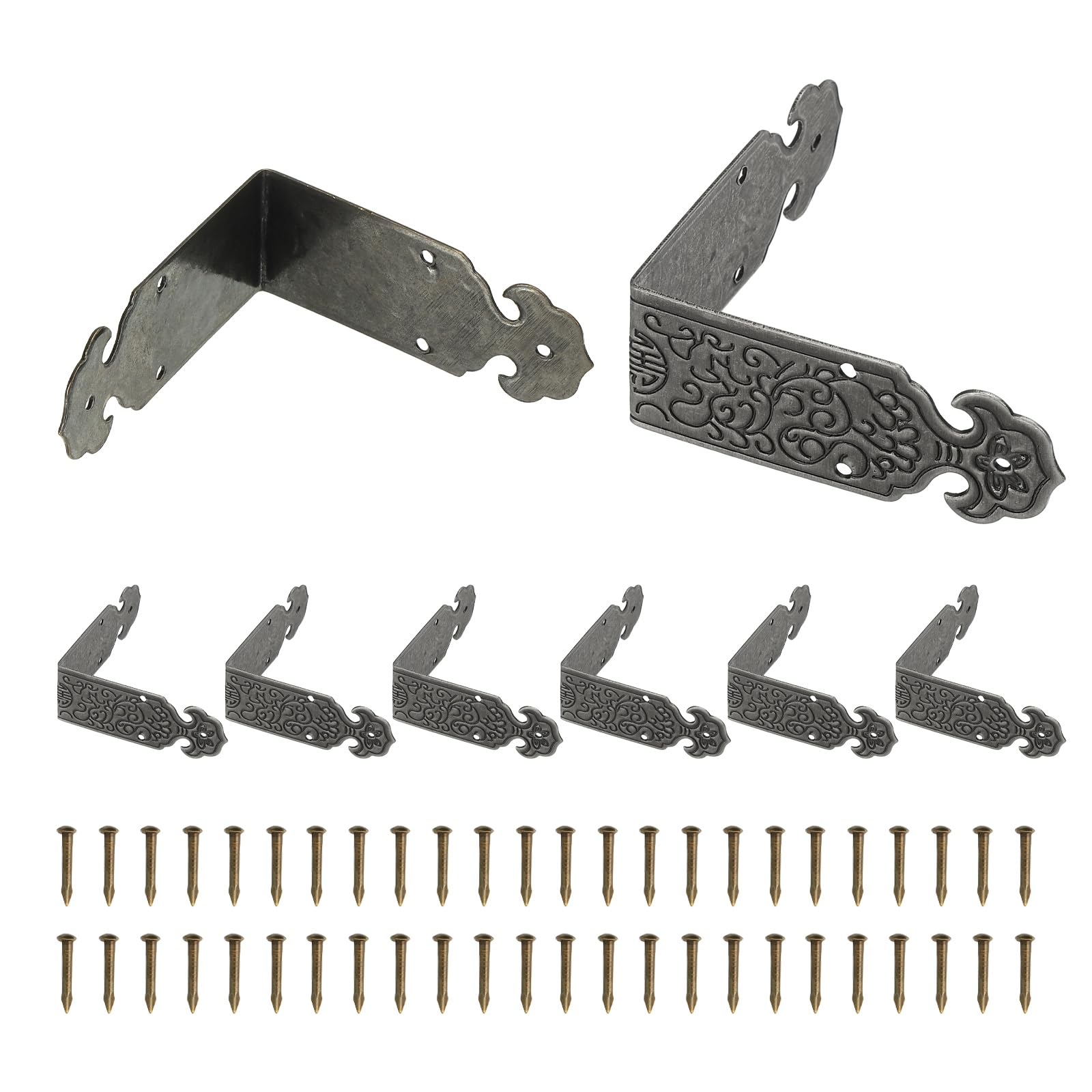 sourcing map 8 Pcs L Shaped Vintage Corner Protectors, 50 x 20 mm Decorative Guards, Protector Corner Braces with 48Pcs Nails for Cabinets Furniture Wooden Boxes, Black