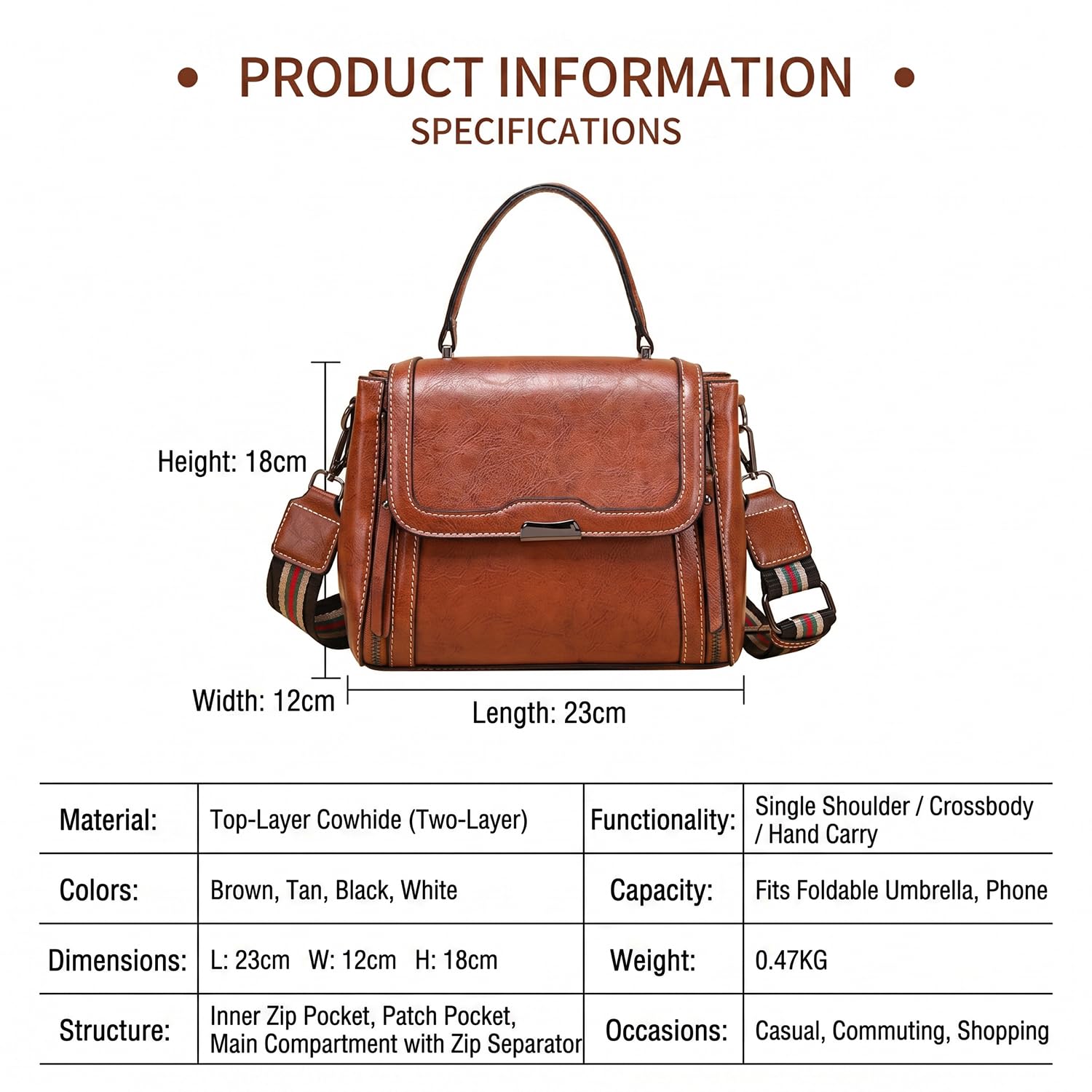 Bolso de Mano Mujer de Cuero Genuino Verano, Elegante Bolso de Hombro y Bandolera, Bolso Tote Estructurado Clásico para Trabajo Diario Marrón