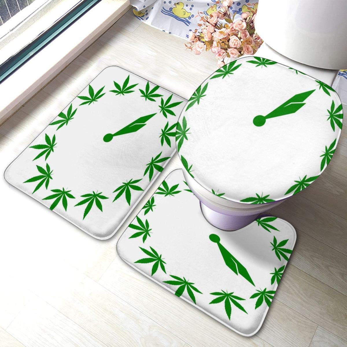RedBeans - Juego de 3 alfombrillas de baño antideslizantes de franela para baño, diseño de hoja de marihuana verde, suave con pedestal, alfombrilla de ducha antideslizante