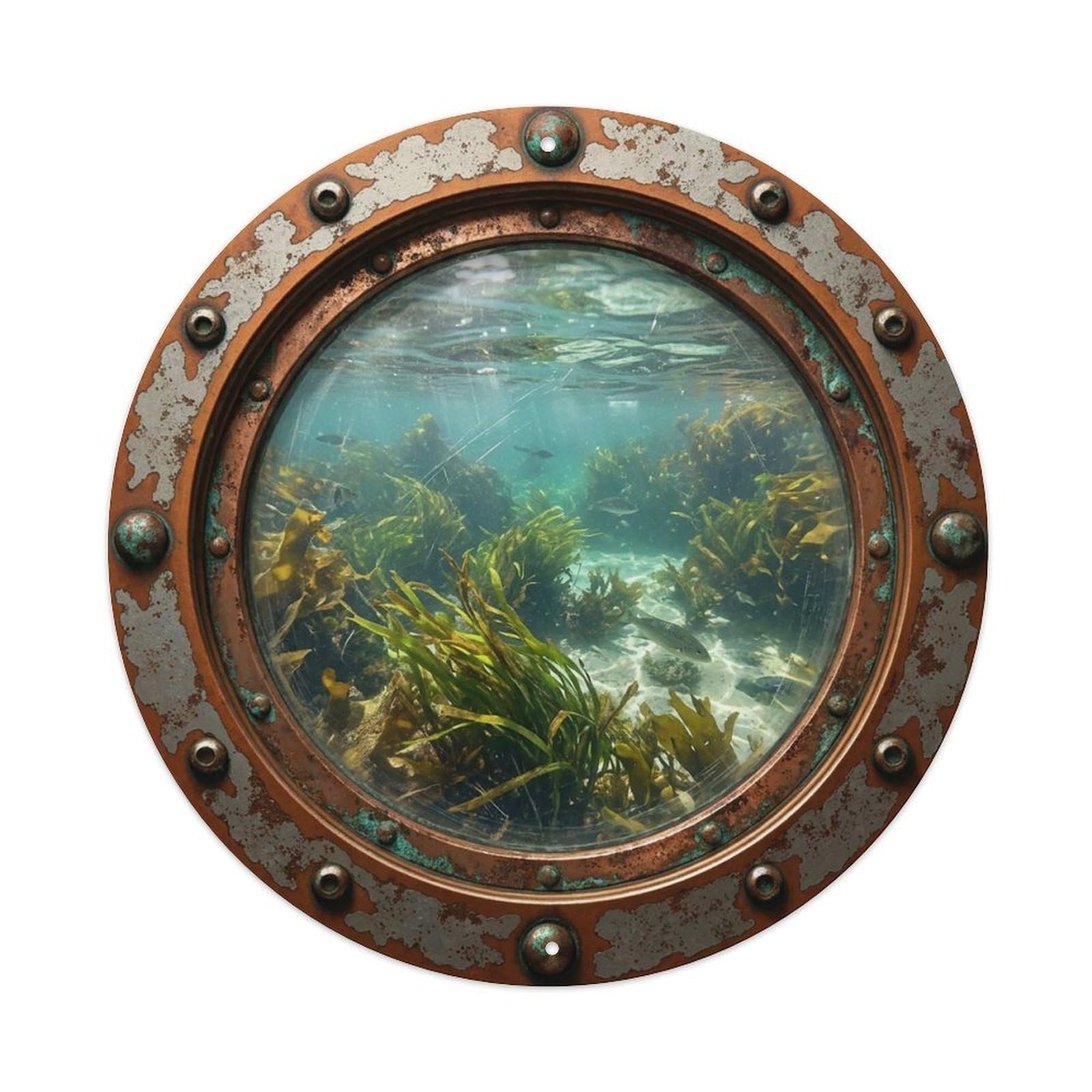 Vintage Porthole Seaweed Beds Nautical Window View Vintage Metal Tin Sign Plaque Wall Decor for Cafe, Club Bar, Office, Garden Metal Poster 8x8Inch
