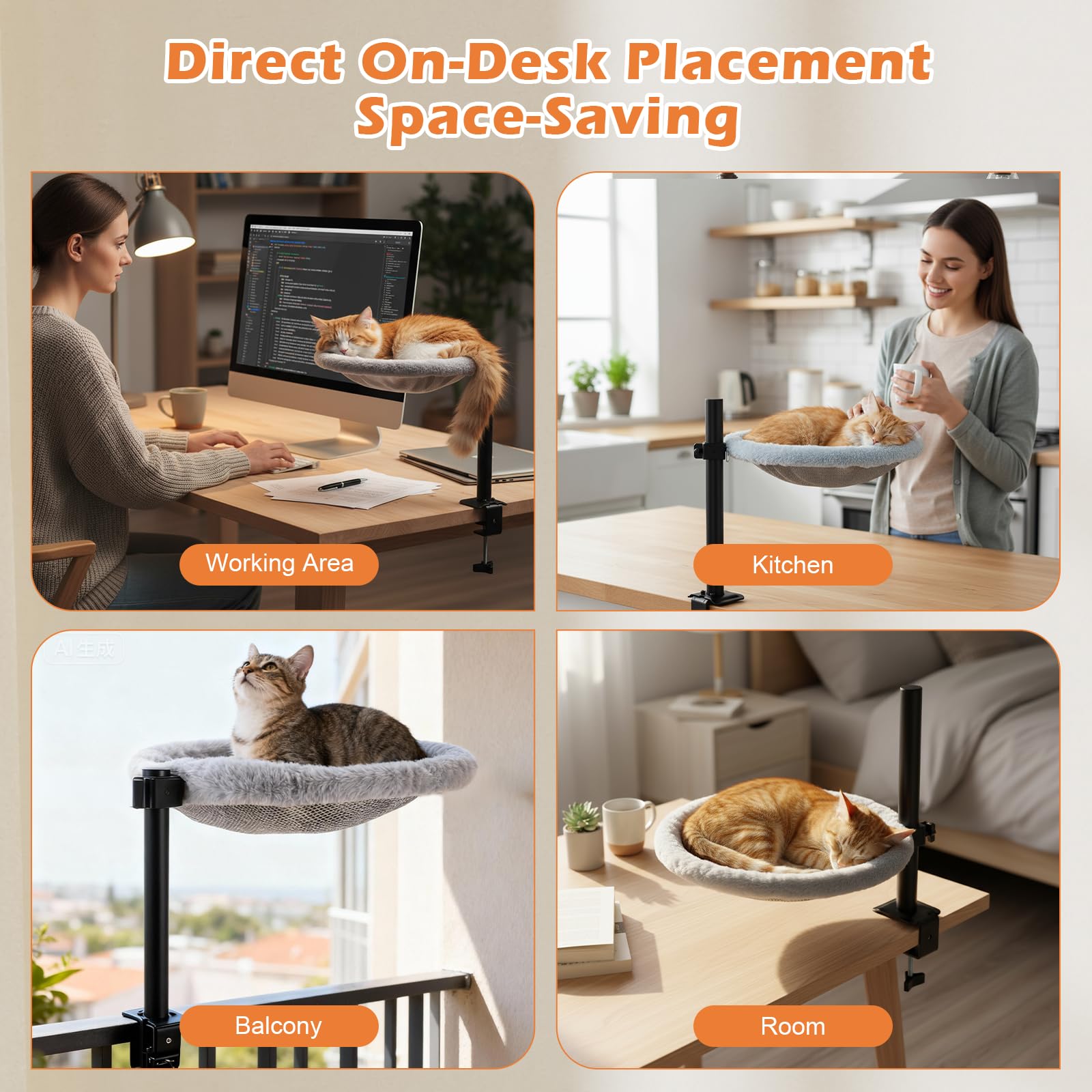 lit pour chat de bureau, panier chat pivotant à 360° et réglable en hauteur,hamac doux pour chat avec 2 housses lavables,Idéal pour dormir la maison ou au bureau, utilisable en toutes saisons