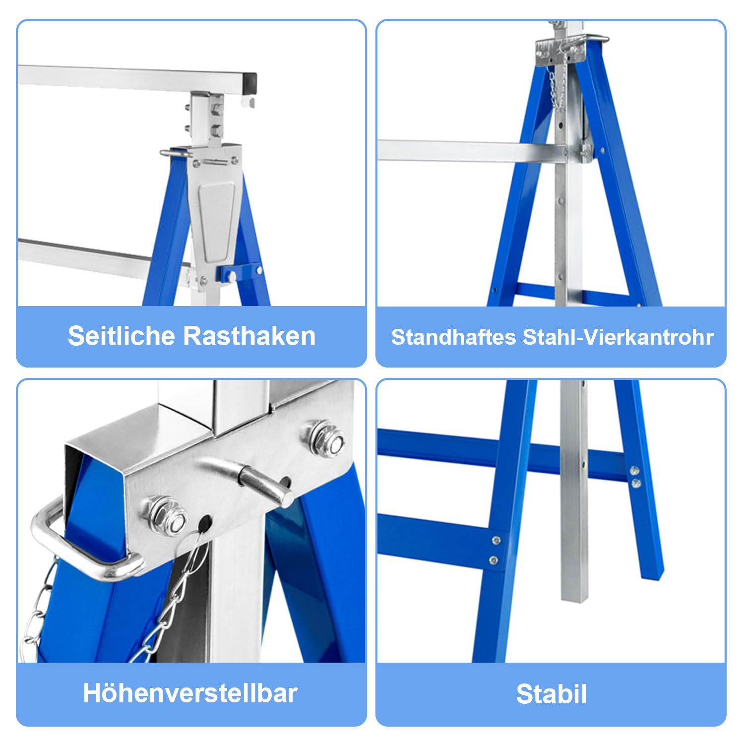 Juego de 4 caballetes telescópicos, altura regulable de 80 a 130 cm, soporte plegable de acero, con capacidad de carga de 200 kg por par para taller, garaje, obras y renovación, color azul