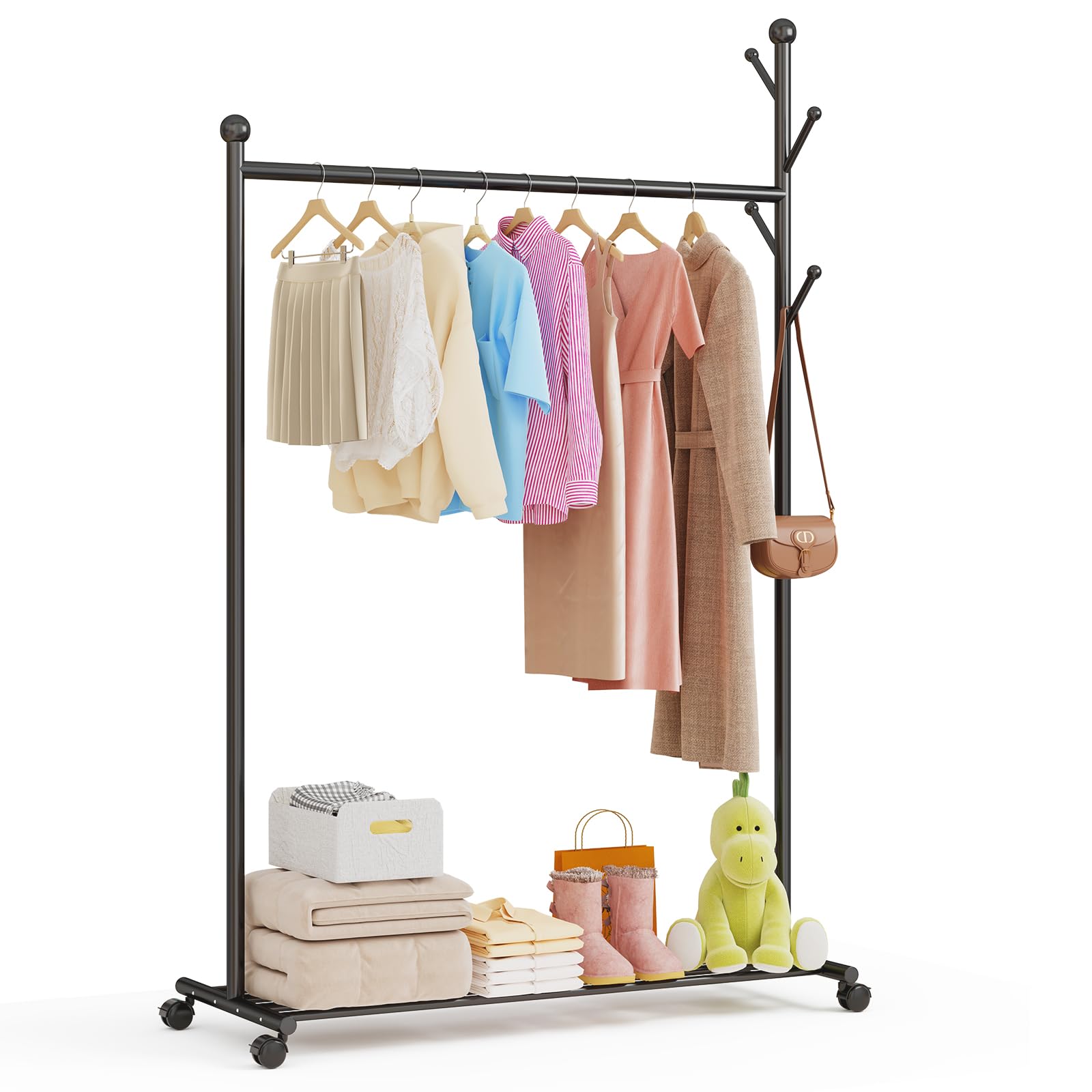Innotic Clothes Rail, Heavy Duty Clothing Rail on Wheels, 3 in 1 Coat Stand With Shoe Storage, Metal Clothes Rack For Bedroom, Hanging Rails for Clothes, Black
