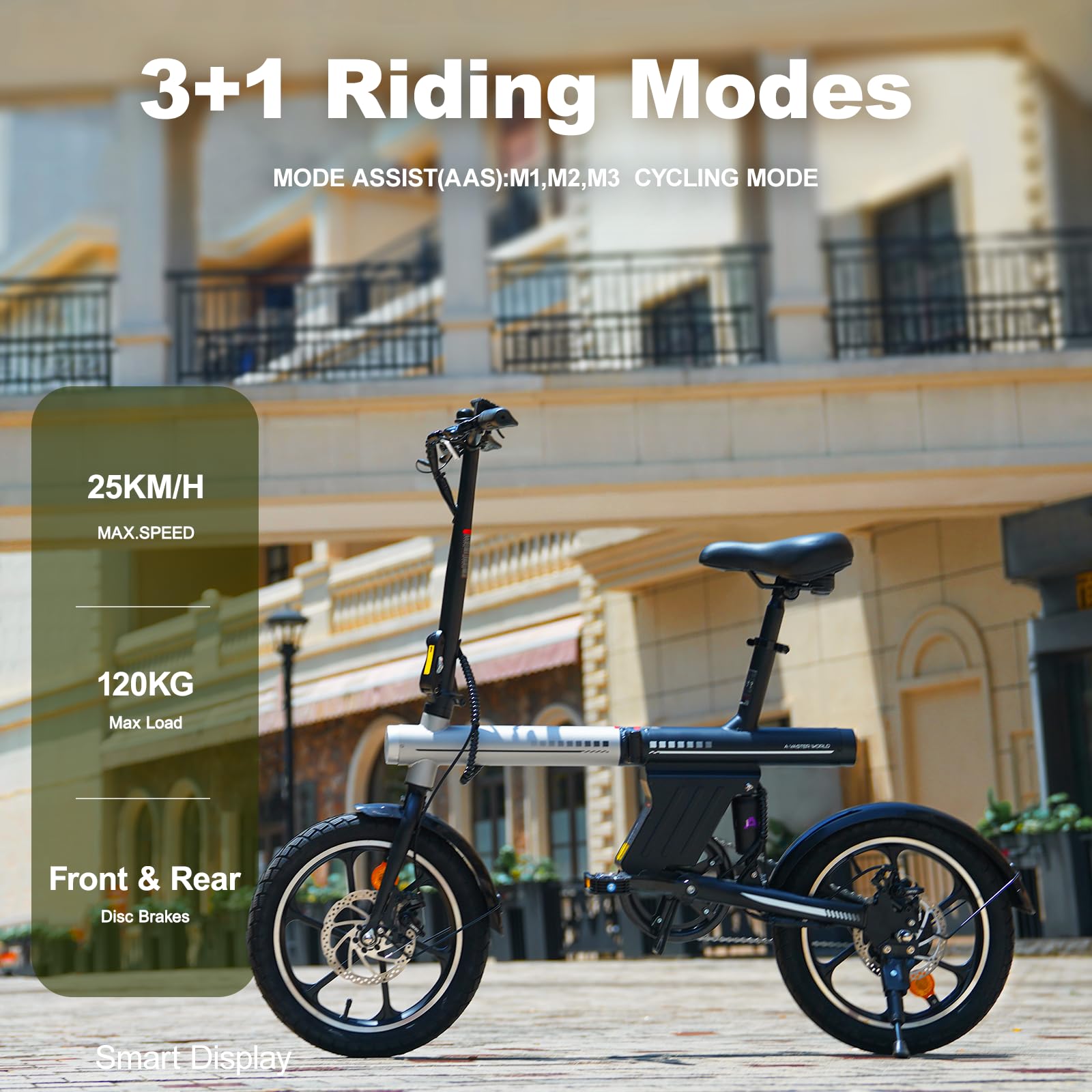 E-Bike 16" Pieghevole, Batteria Integrata, 25 km/h, LCD, Adulti
