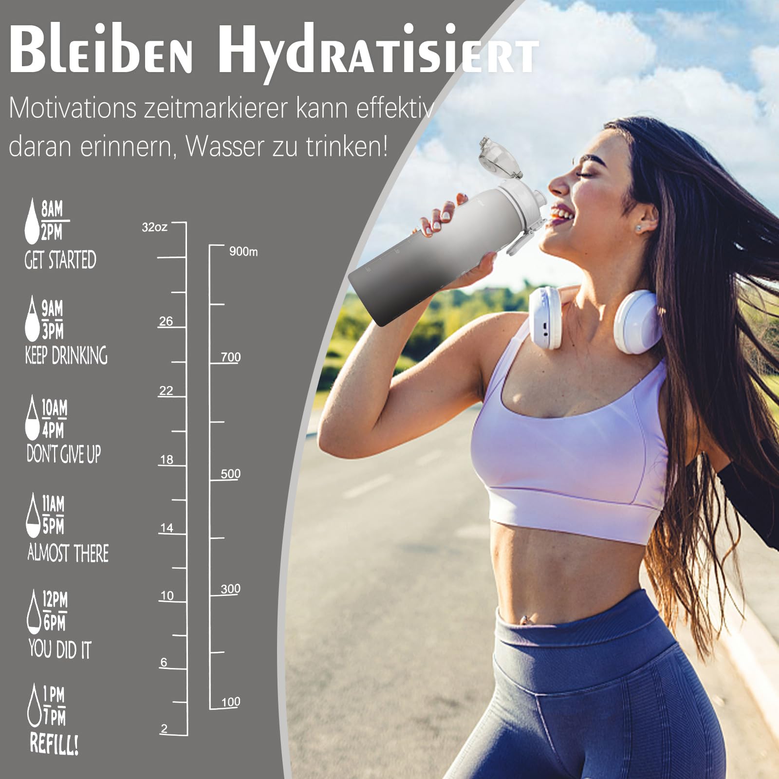 AOPREL Butelka na napoje 1 l, nie zawiera BPA, butelka sportowa, szczelna, ze znacznikami czasu, na rower, do fitnessu, biura, szkoły, jogi, na zewnątrz (1 szt.)