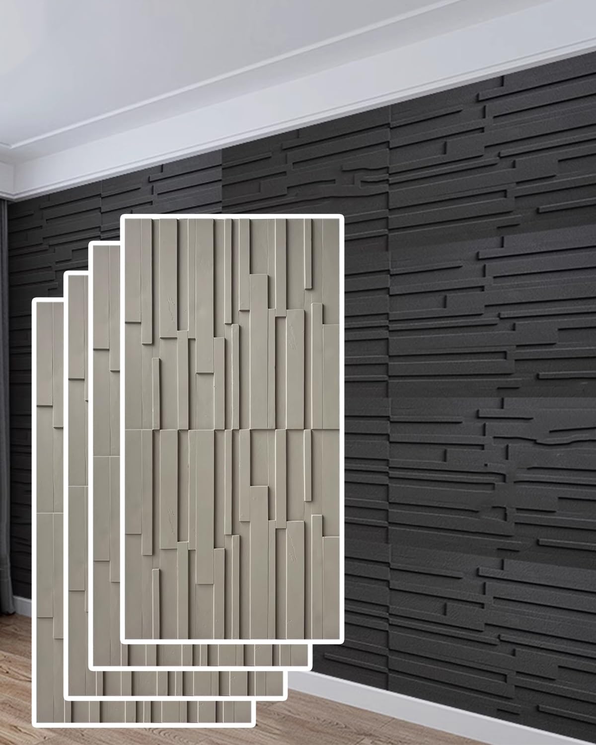 2 4 6er-Pack Lamellen-Design 3D-Wandpaneele für die Innenwandtion, Küchenwand-Holzverkleidungspaneele für den Außenbereich, zuschneidbare Akustikverkleidung 1,2 cm (Hellgrau, 4 Stück)