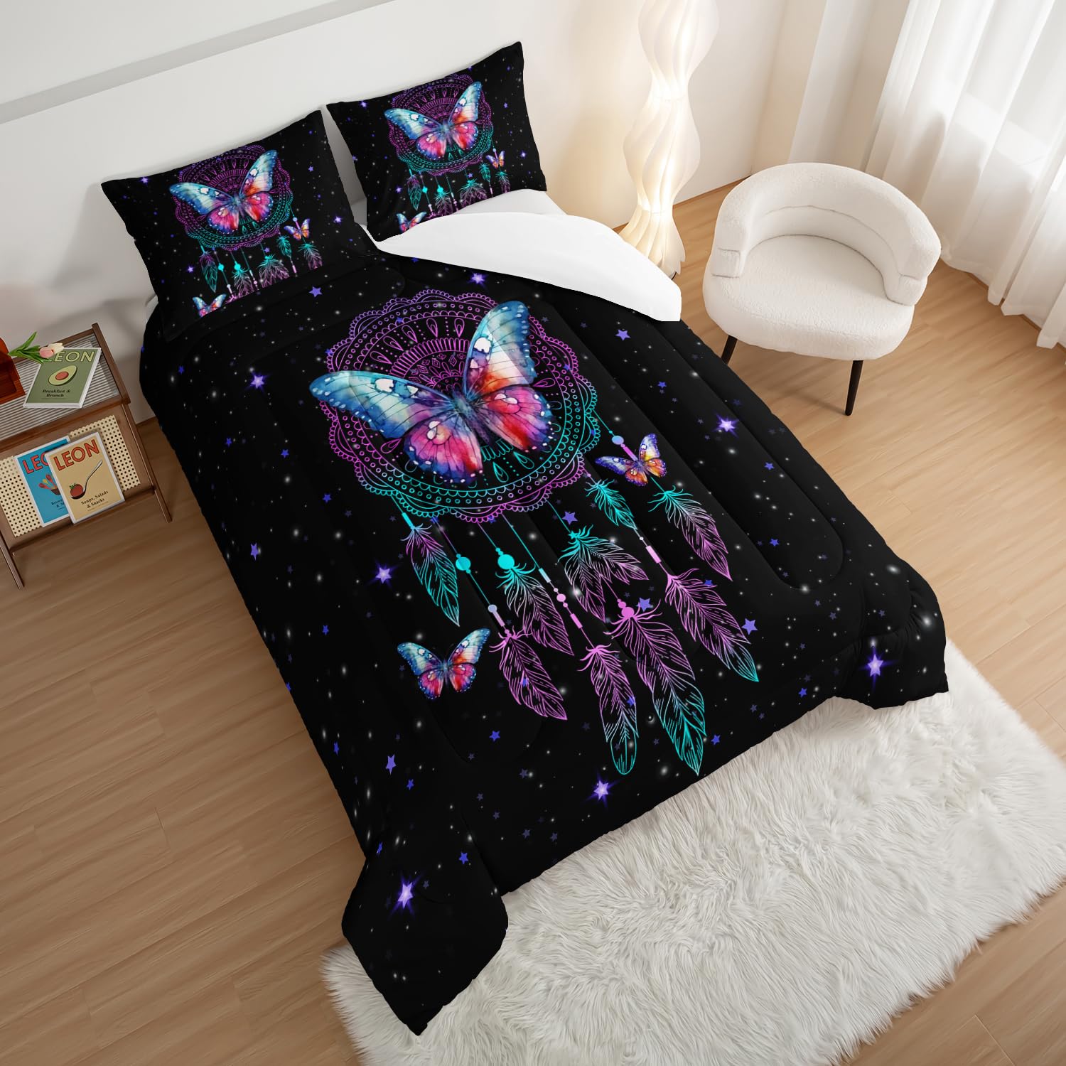 HOSIMA Traumfänger-Bettwäsche-Set für Mädchen, Schmetterlings-Federn, Traumgeschichten, Tröster-Set, Kidcore, Raumdekoration, ästhetisch, Galaxie, Sternenhimmel, schwarz, Bettdecke in voller Größe mit