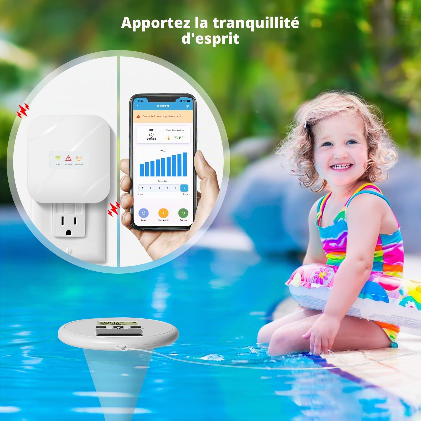 Alarme de piscine WiFi Zuomeng solaire avec haute sensibilité, contrôle intelligent par application, double alarme via appareil et application, offrant une protection supplémentaire pour vos enfants