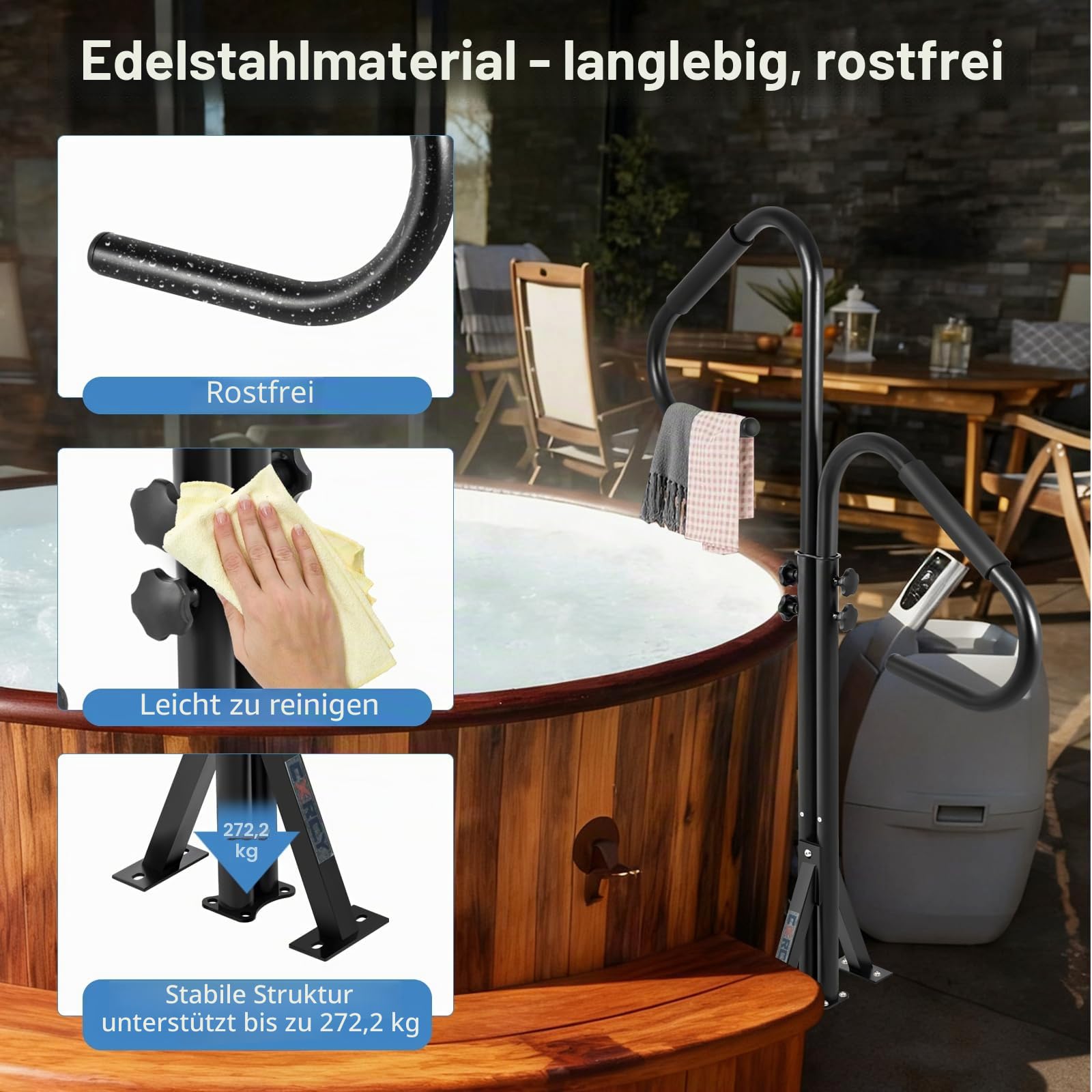 CXRCY Whirlpool-Handlauf, 360 Grad drehbarer Spa-Seitenhandlauf mit 109,2 cm - 134,6 cm verstellbarer Höhe, Whirlpool-Handlauf für drinnen und draußen, 272 kg Kapazität (nur Schraubbefestigung)