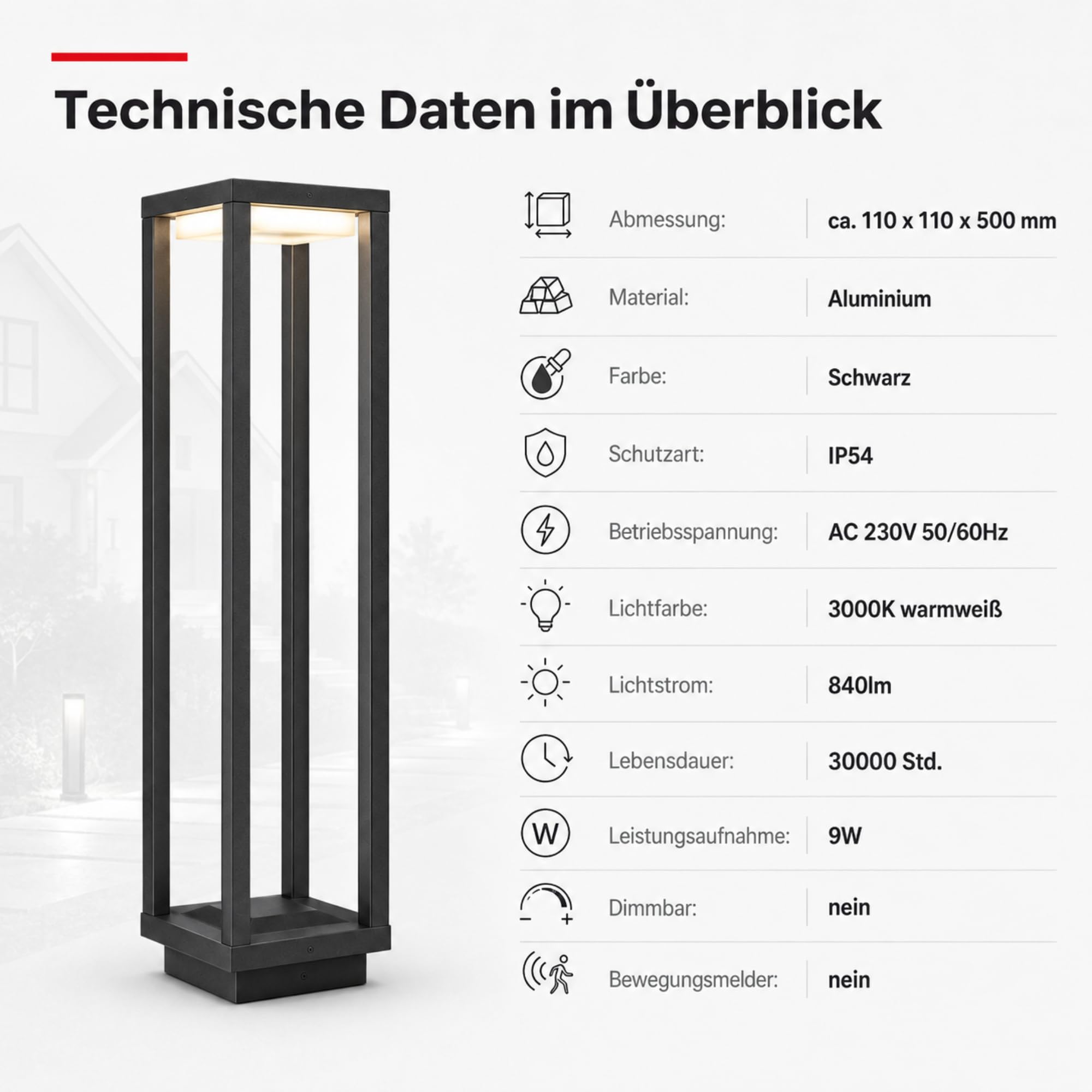 Maxkomfort LED Außenstandleuchte Anthrazit 50cm – Moderne Wegeleuchte IP54 Wetterfest – 3000K Warmweiß 9W – Aluminium Pollerleuchte, 230V