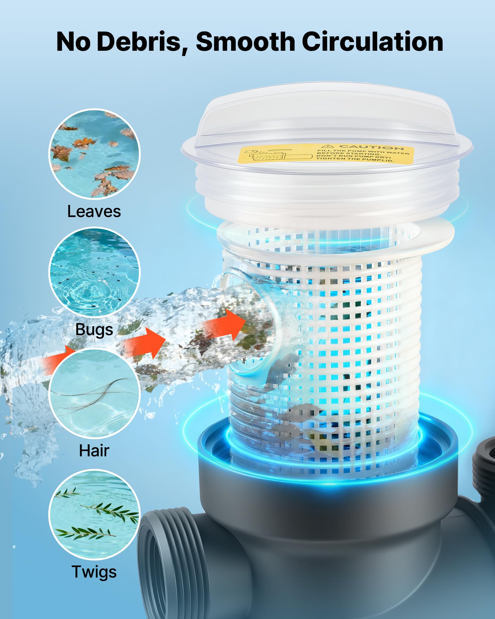 VEVOR Bomba para Piscina Elevada 180 W Caudal Máximo de 10800 L/H Bomba de Filtración para Piscina de Una Sola Velocidad, CA 220-240 V 2850 RPM, Altura de Elevación Máxima de 8 m, con Filtro y Tapa