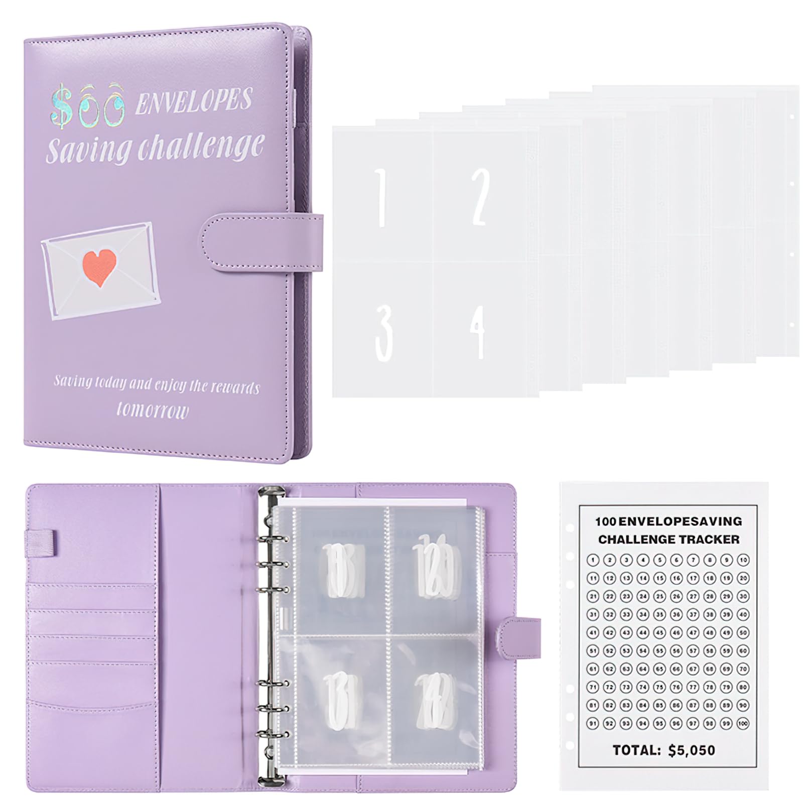 100 Envelopes Money Saving Challenge Binder A5 Budget Planner Book with Cash Envelopes Reusable Tracker Fun Way to Save $5,050 (Purple)