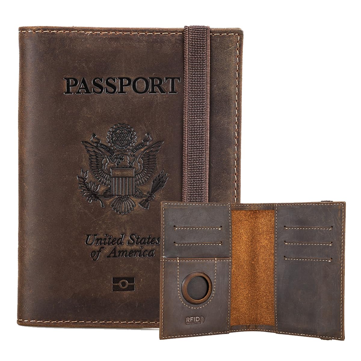 Contacts Custodia per passaporto Airtag in pelle pieno fiore, blocco RFID, portafoglio per passaporto da viaggio, custodia sottile per 2 passaporti, 5 scomparti per carte di credito con logo, Caffè,