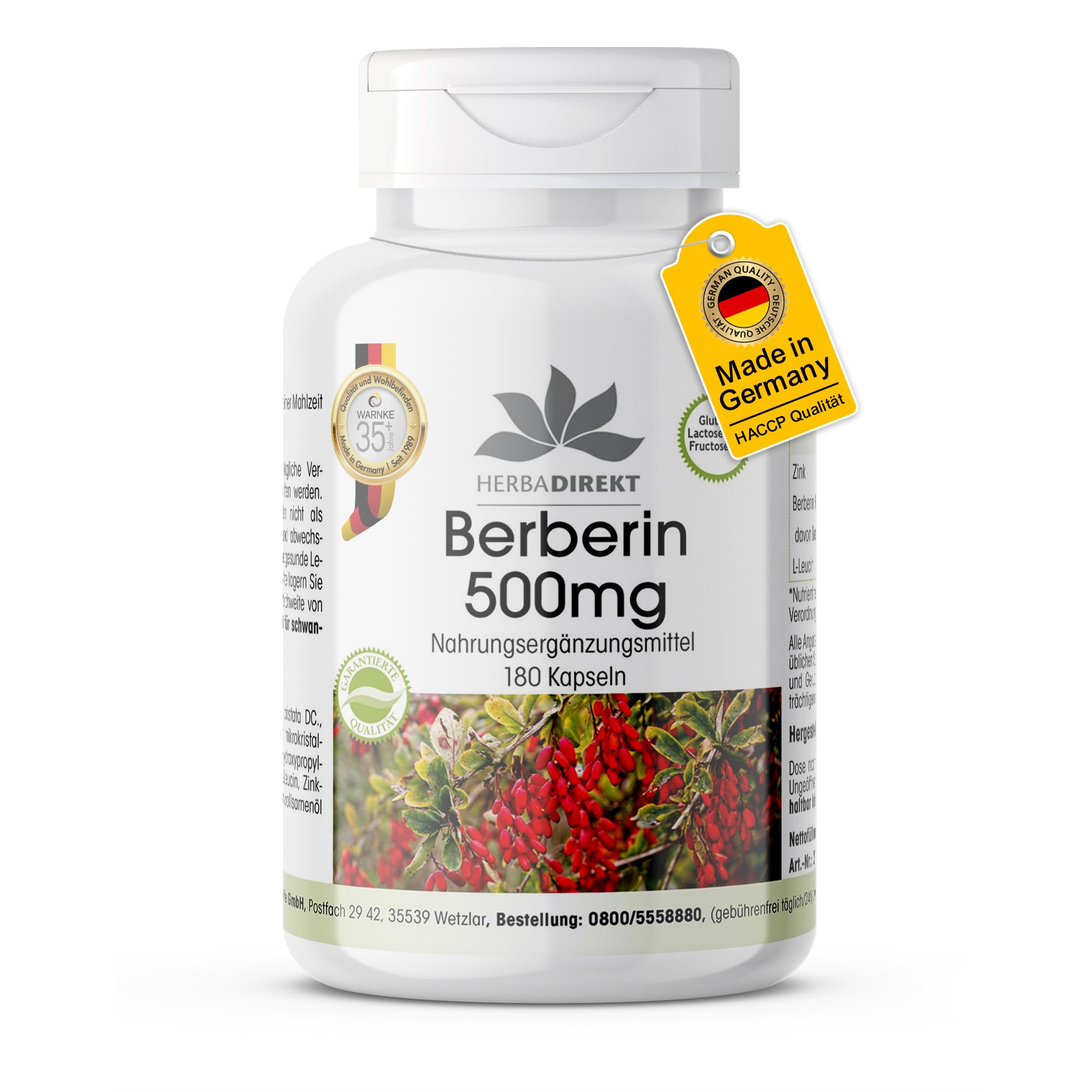 Berberina HCl 500mg + Zinco - altamente dosata - vegana - 180 capsule | HERBADIREKT by Warnke Vitalstoffe - Qualità da farmacia tedesca