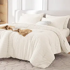 MUXHOMO 5 Pieces Twin Comforter Set, Seersucker Bed in a Bag Twin Size, All Season Luxury Bedding Set with Comforter, Flat Sheet, Fitted Sheet, Pillowcase & Sham, Ivory