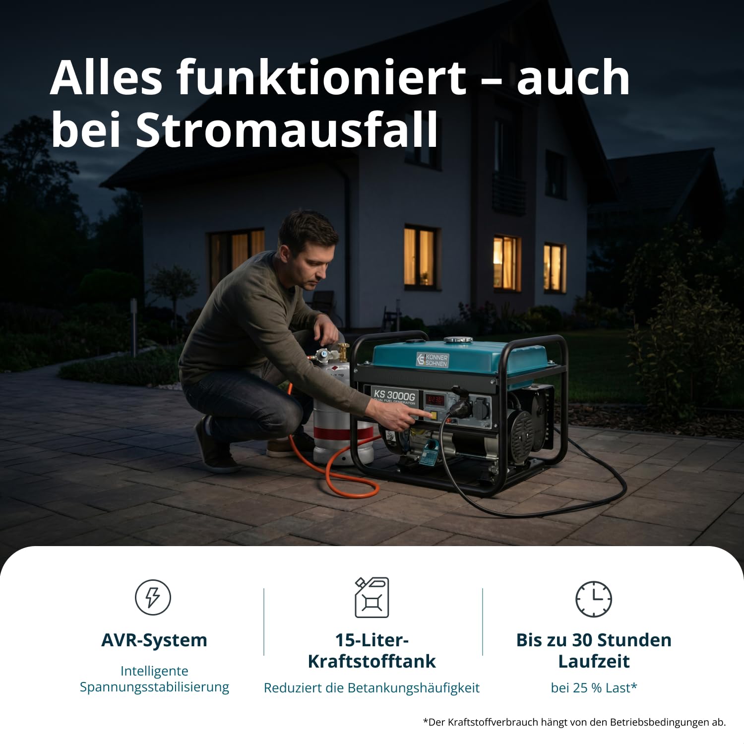 Könner & Söhnen KS 3000G - Hybrid Benzin-LPG 4-Takt Stromerzeuger, Kupfer Generatoren 3000 Watt, 16A, 230V, Generator für Kleinhaus, Garage oder Camping