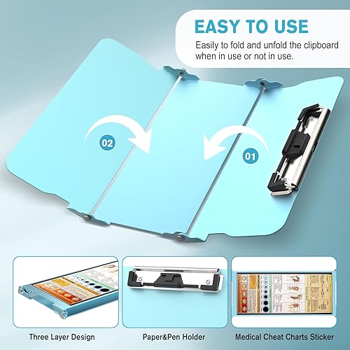 Miniatura 4 de Portapapeles de enfermería, portapapeles plegable con edición de enfermería, 3 capas de aluminio, portapapeles de enfermera con clip de perfil bajo