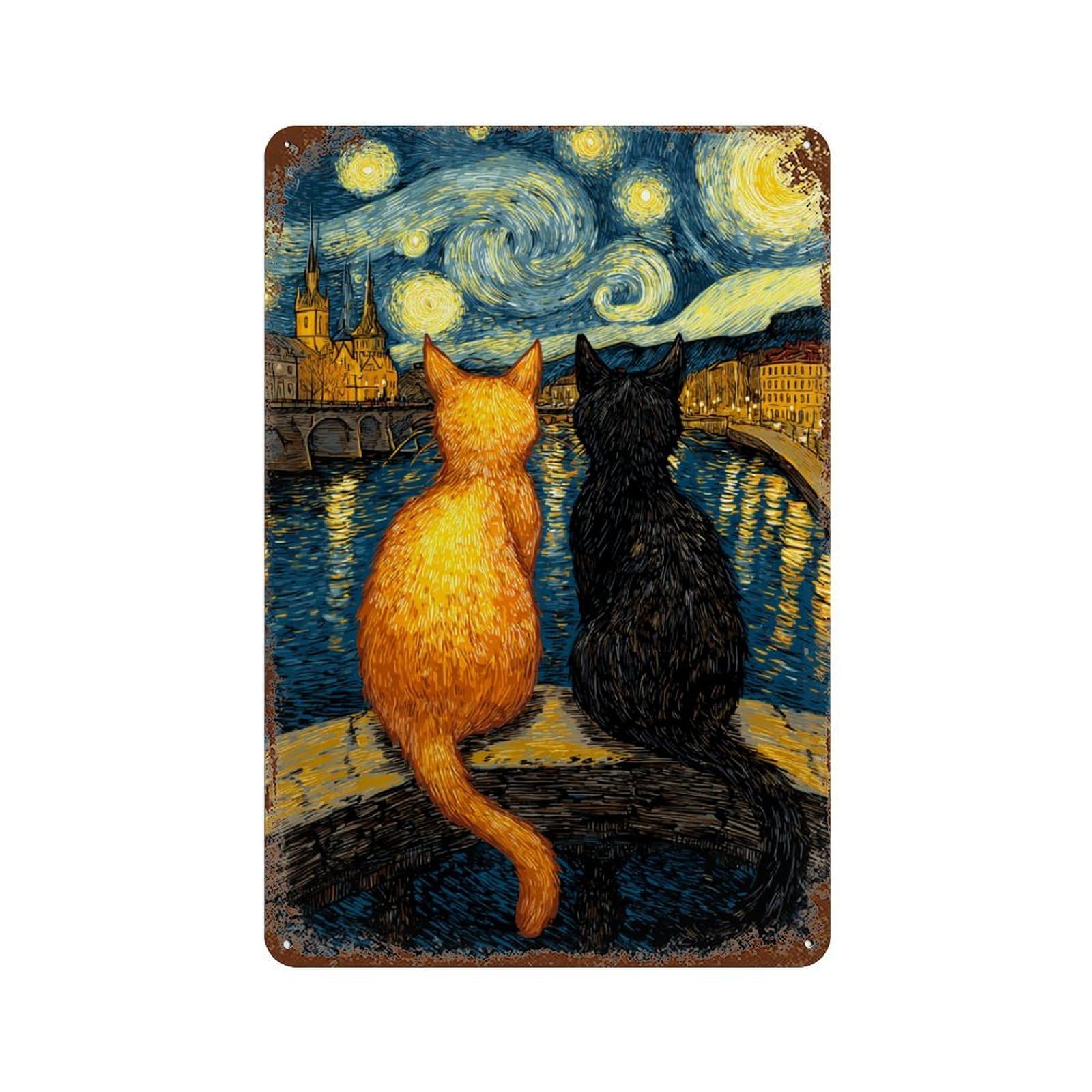 Rusty Metal Tin Sign with Starry Night Cats -25 Design 11.8"x7.9", for Farmhouse, Kitchen And Entryway Decor, Classic Wall Plaque