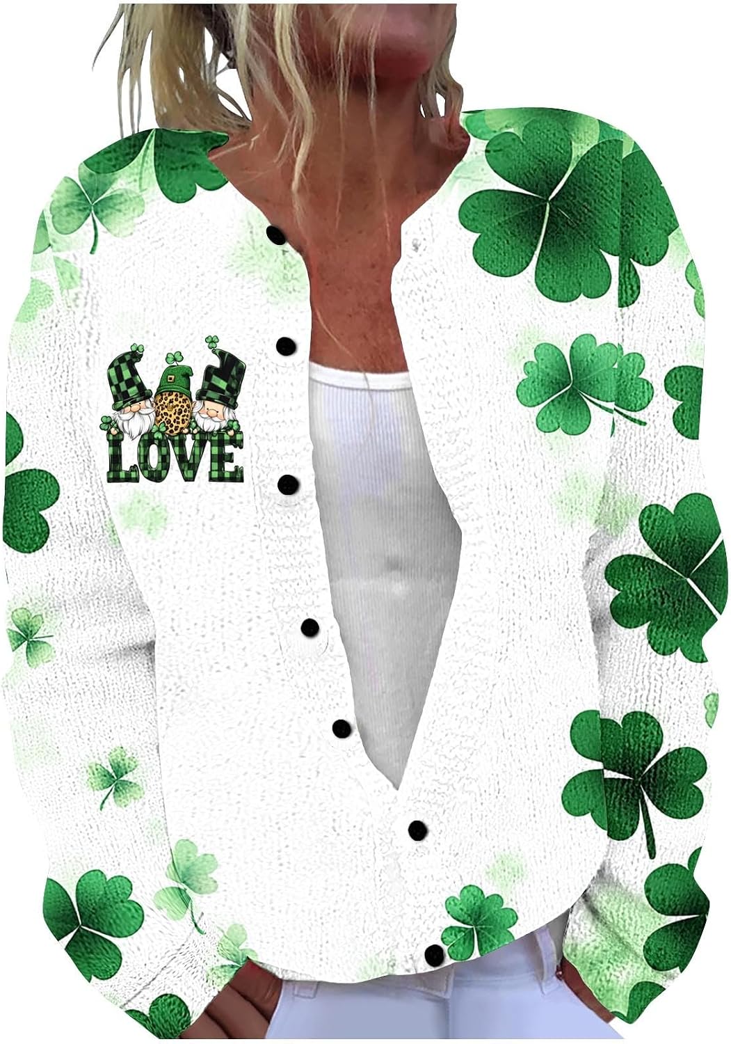St Patricks Day Cardigan Sweaters Women Lightweight Knit Cardigans Jackets Button Down Lucky Shamrock Clover Blouse