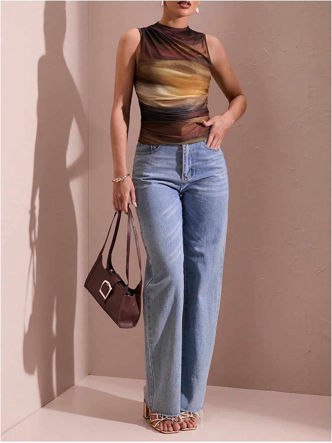 GORGLITTER Women's Ruched Date Night Going Out Tank Tops Y2K Sleeveless Mock Neck Tie Dye Summer Cute Cocktail Tops