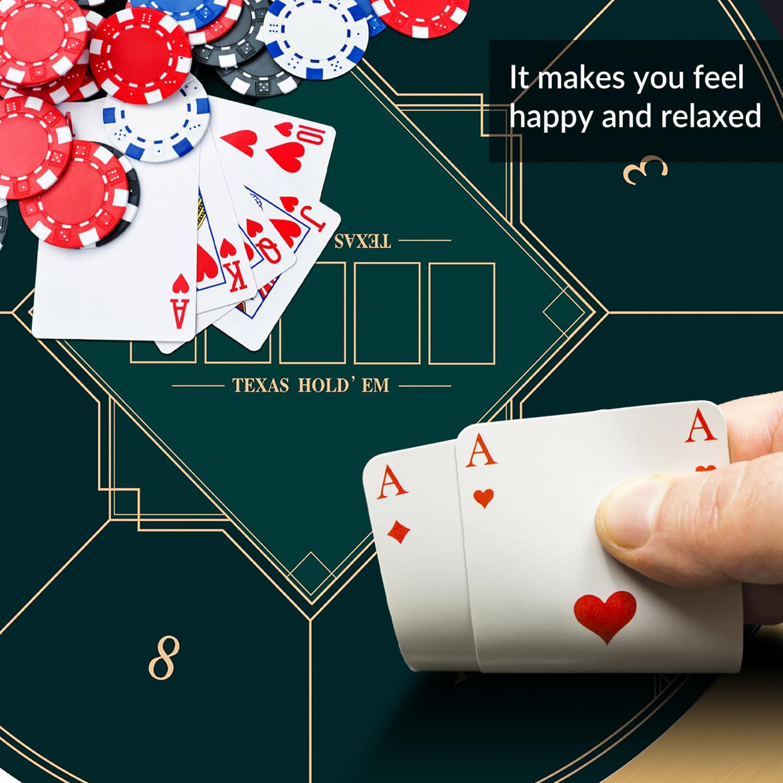 mata do gry w karty, Przenośna okrągła mata do pokera Texas Holdem, składany blat dla 8 graczy z matą nadrukiem w stylu Art Deco(Green,L)