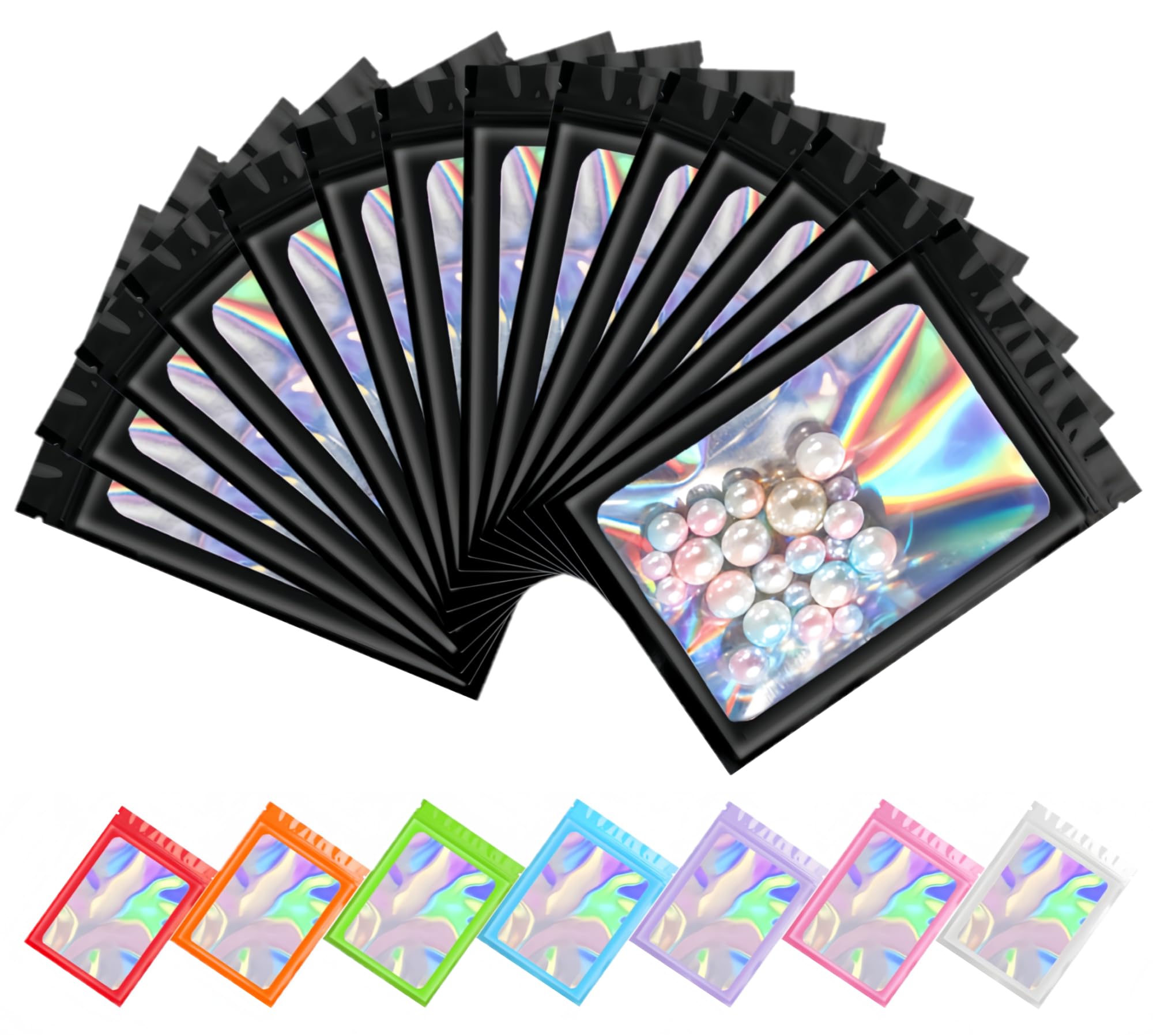 Plaphy 100-Pack Resealable Holographic Mylar Bags with Clear Window, Ziplock Sample Bags, Aluminium Foil-Lined Pouches for Food Storage, Snacks, Jewellery & Accessories (Black, 3.1 x 5.1 inches)