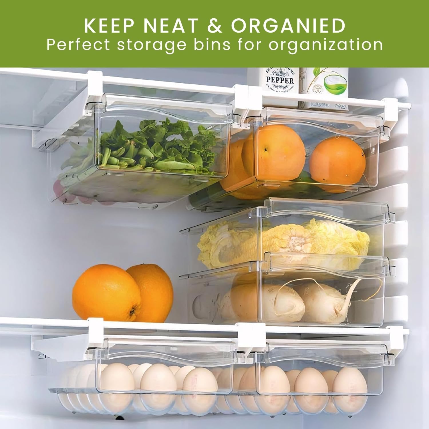 2er-Pack Kühlschrank-Organizer Schublade – Herausziehbares Regal als Fridge Organizer für Eier, Gemüse, passend für Kühlschrankregale unter 1,5 cm und 30-45 cm Glasplatten (Nicht spülmaschinenfest)