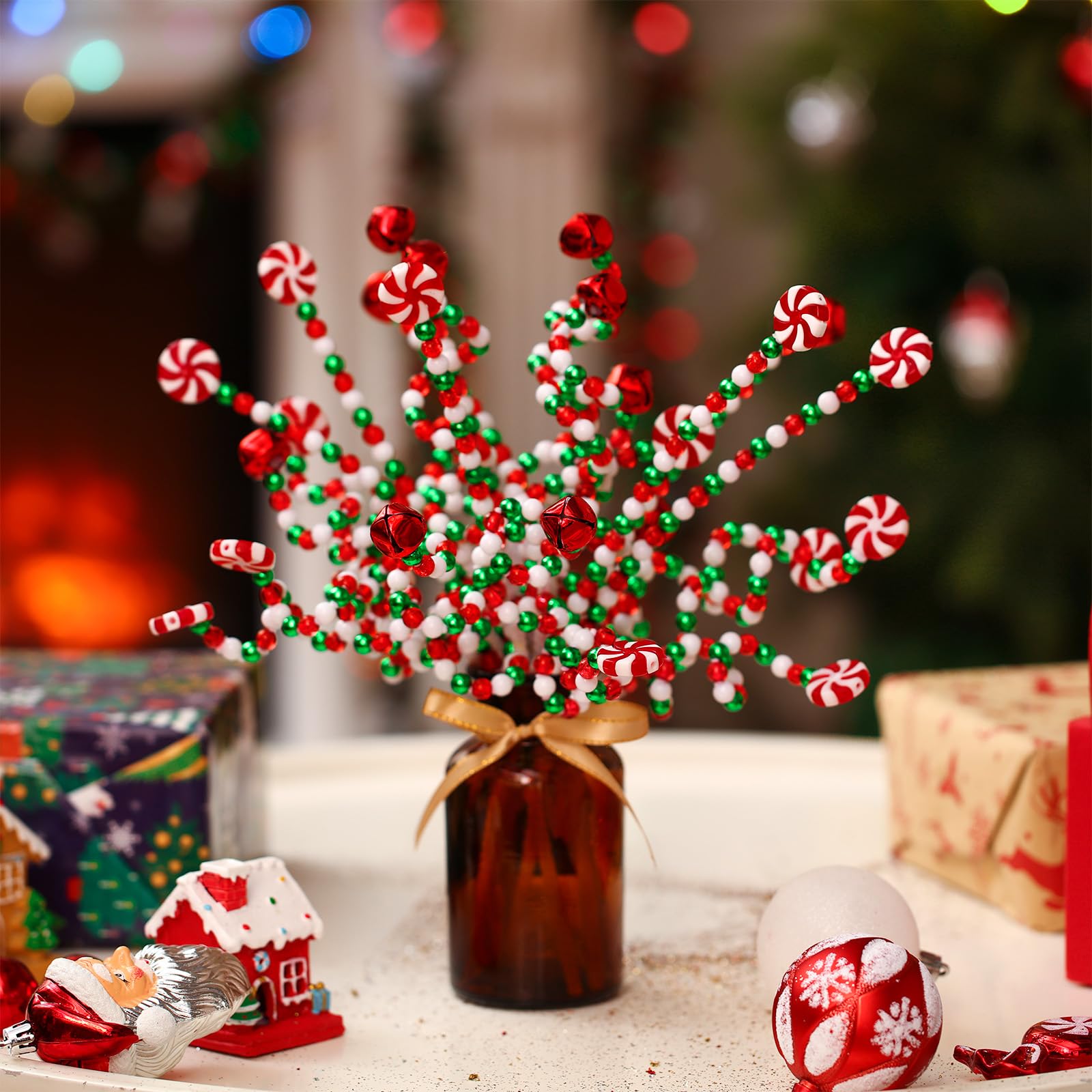 Liliful 40 adornos de piruletas de caramelo de Navidad para árbol de Navidad, adornos de piruleta de caramelo trenzado, decoraciones de campana para árbol de Navidad, corona, manualidades, regalo de