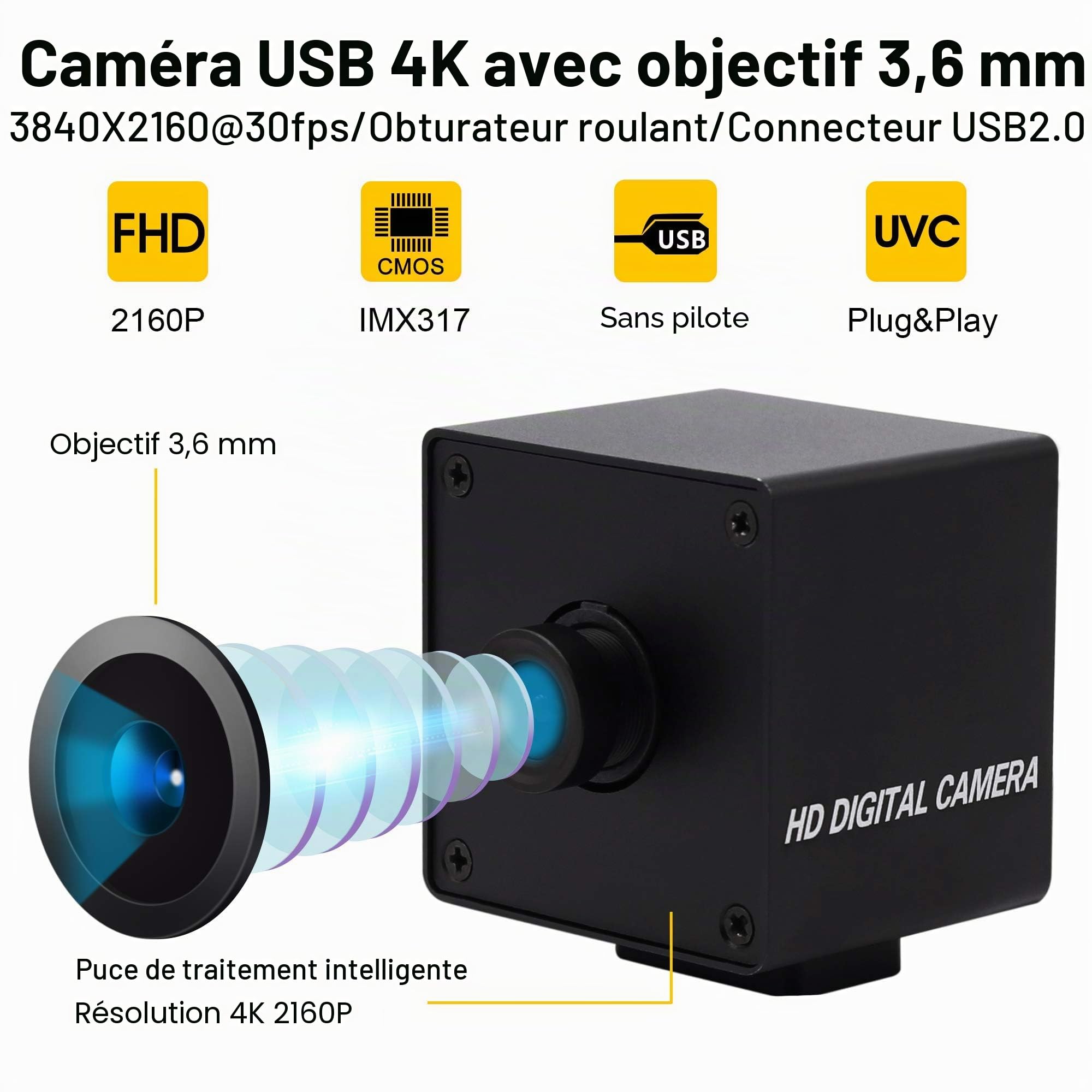 ELP Caméra 5 MP avec Obturateur Global 50 FPS, Swing de Golf Haute Vitesse, Webcam USB avec Objectif Couleur Grand Angle Sans Distorsion pour Machines Industrielles Ralenties