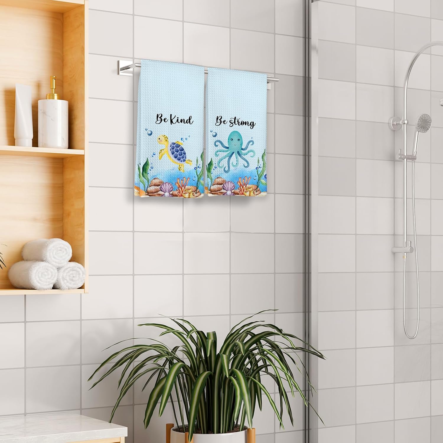 Coastal Beach Inspirational Kids Bathroom Hand Towels, Be Kind Brave Smart Strong Kids Dish Hand Towel for Bathroom Decorations, Coastal Beach Towels Gifts for Boys Girls, 16x24 Inches Set of 4