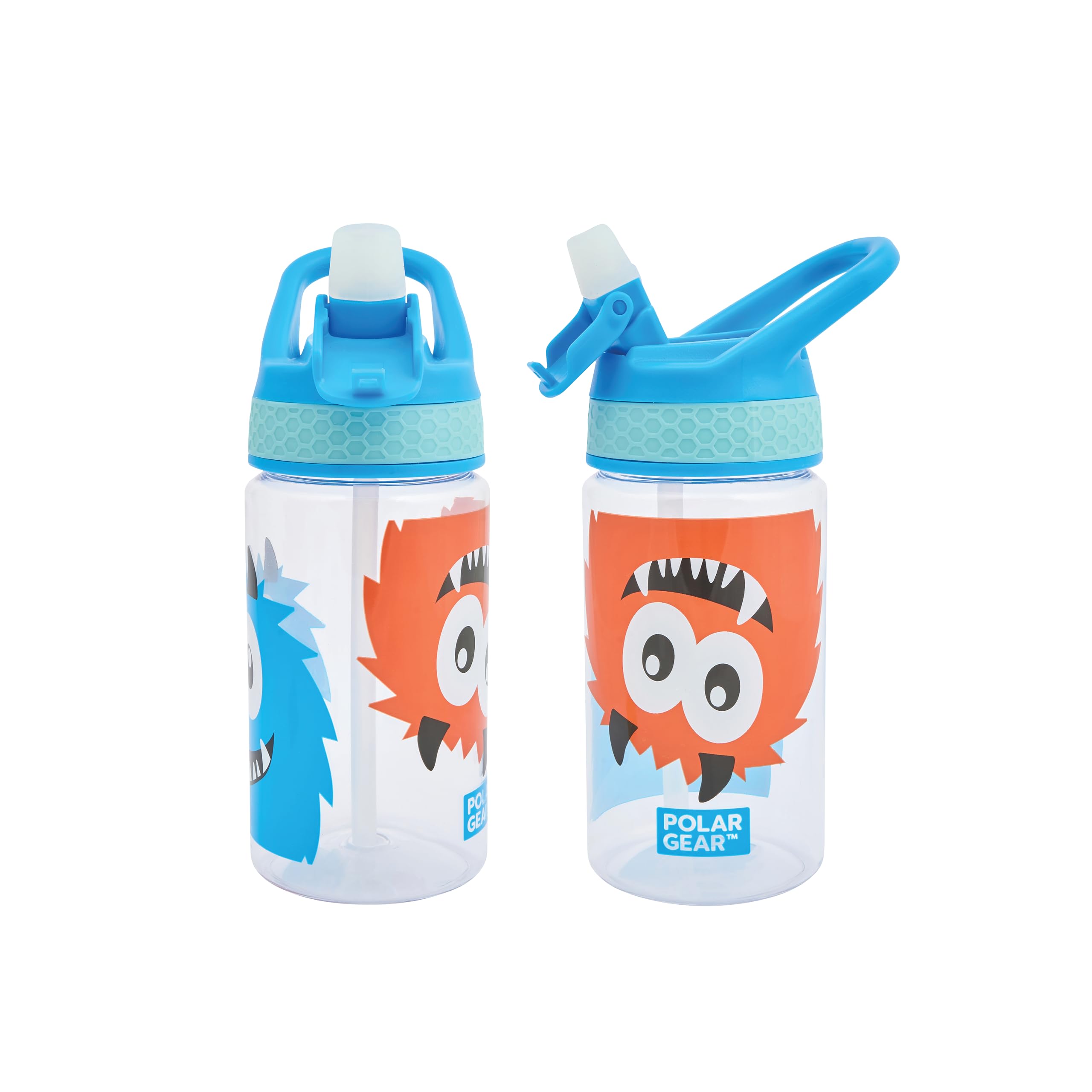 Polar Gear 430ml Kids Bottle with Easy Open Flip Cap - BPA Free, Spill-Proof Soft Spout, Secure Screw Cap Closure, Suitable for Ages 48 Months and Up - Monsters, Blue
