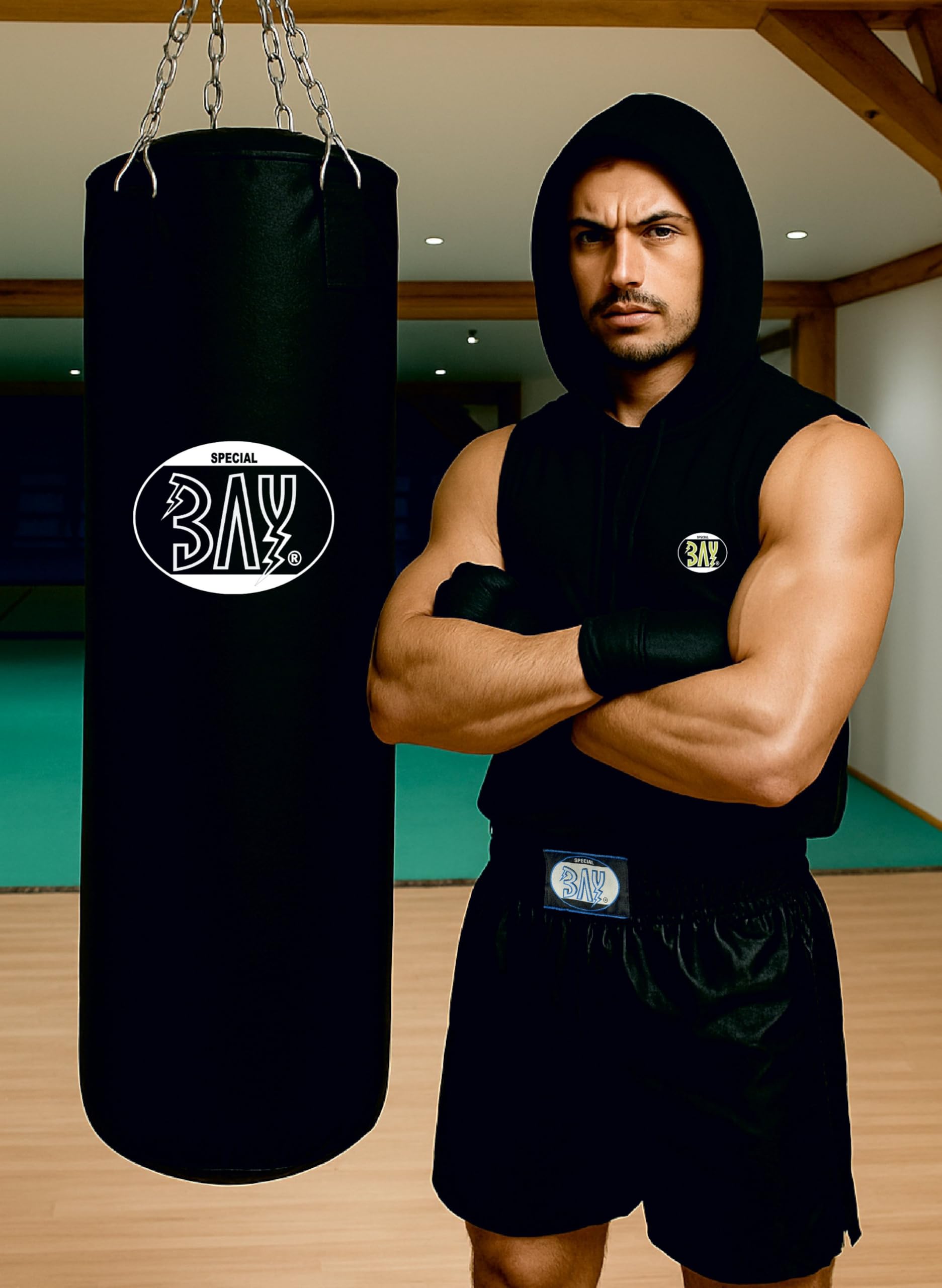 BAY Canvas Sandsack Boxsack mit Stahlkette und Drehwirbel für Kampfsport Training, Schwarz, 123 x 33 cm