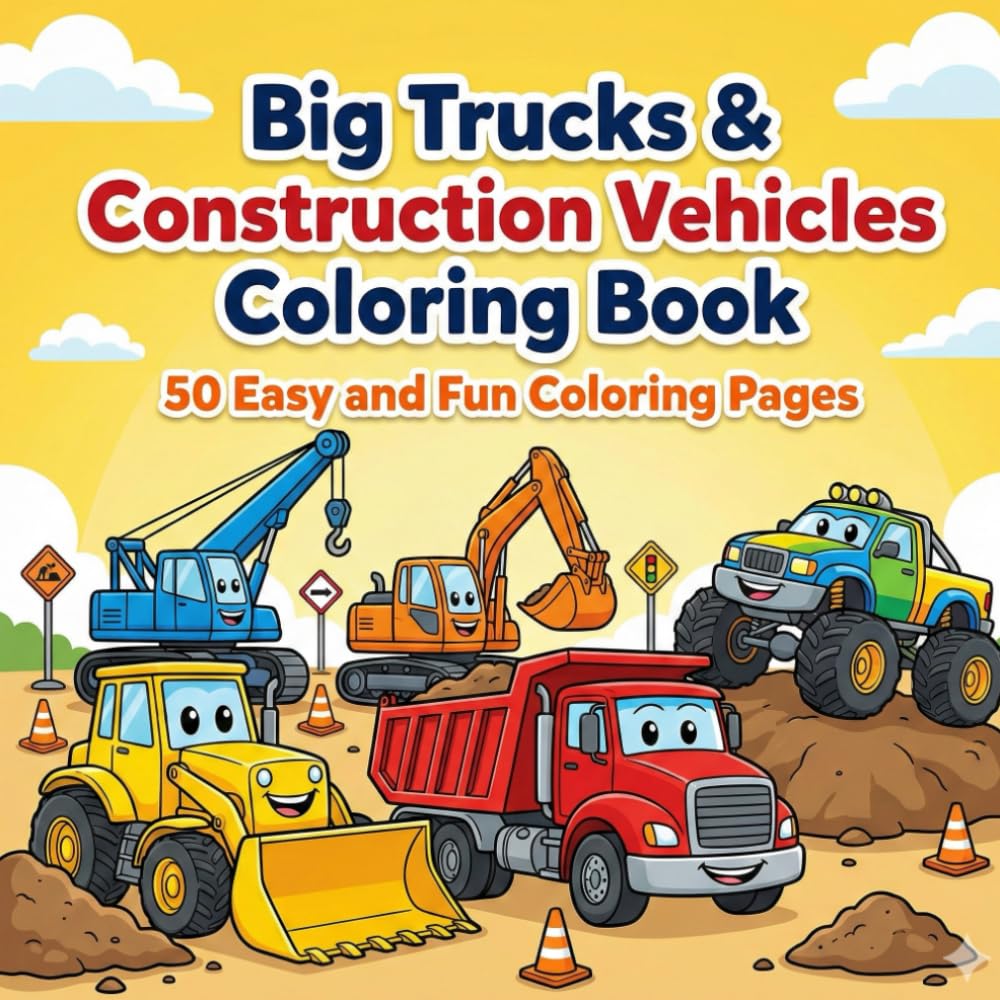 Big Trucks & Construction Vehicles Coloring Book: 50 Easy and Fun Coloring Pages for Boys & Girls Ages 3–8 | Bulldozers, Excavators, Dump Trucks, Fire Trucks & Monster Trucks